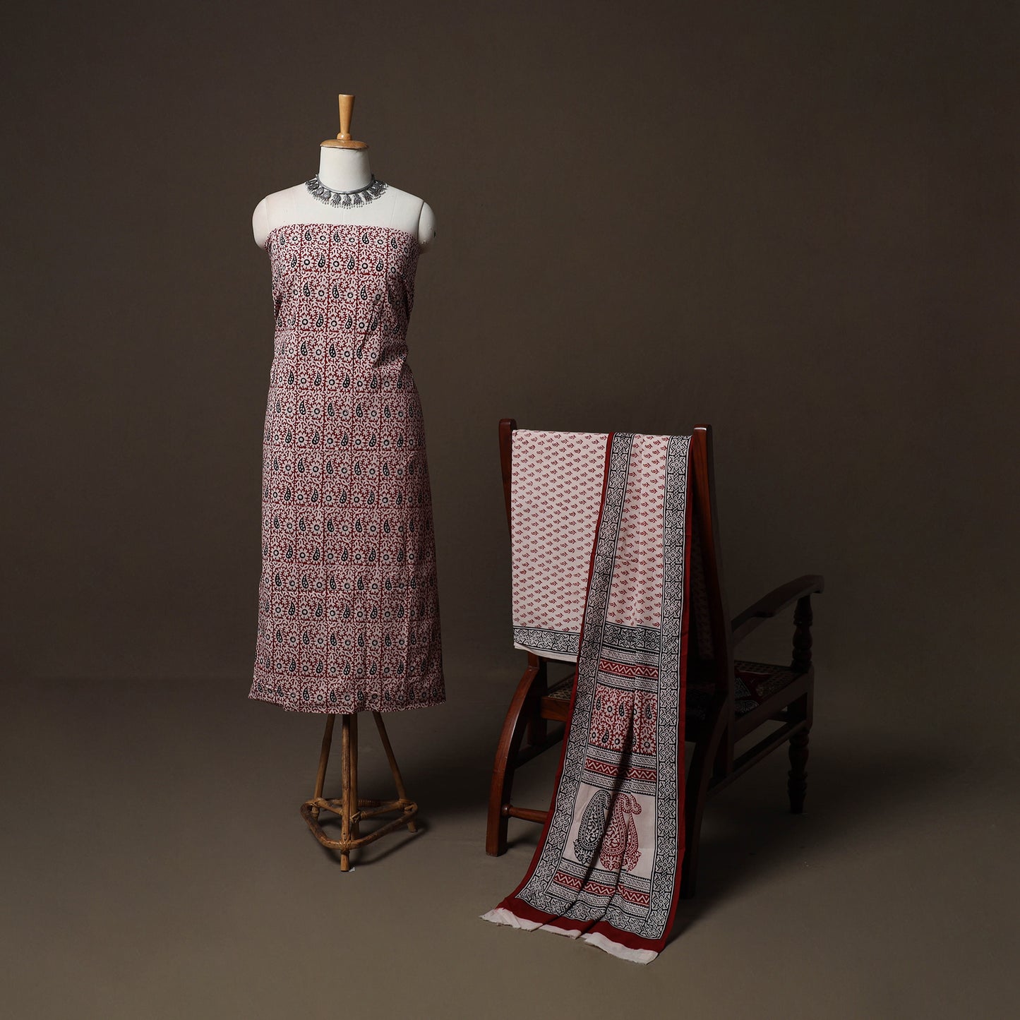 Red - Natural Dyed Cotton 3pc Unstitched Hand Block Bagh Print Dress Material Suit Set 13