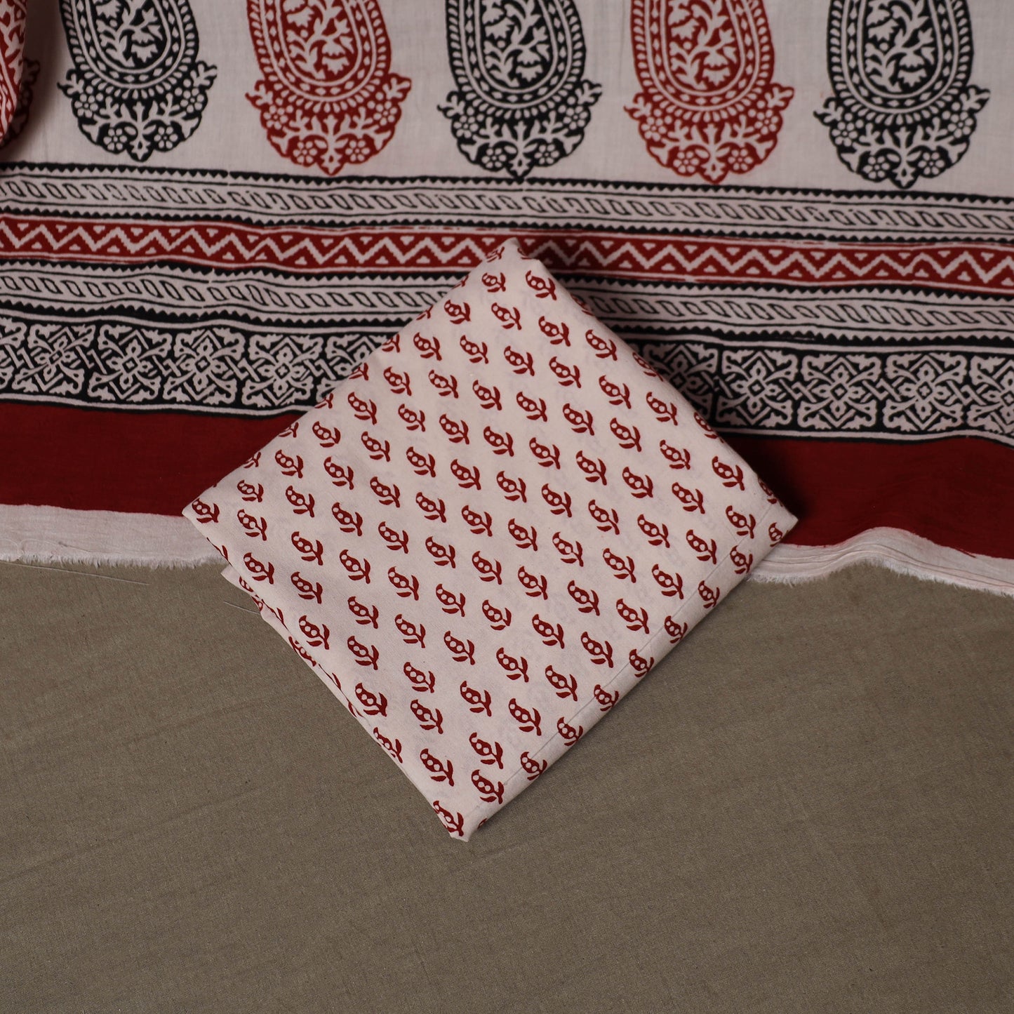 Red - Natural Dyed Cotton 3pc Unstitched Hand Block Bagh Print Dress Material Suit Set 13