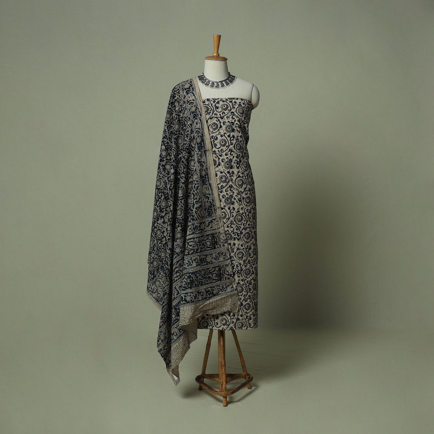Pedana Kalamkari Hand Block Print Natural Dyed Cotton 3pc Unstitched Dress Material Suit Set 12