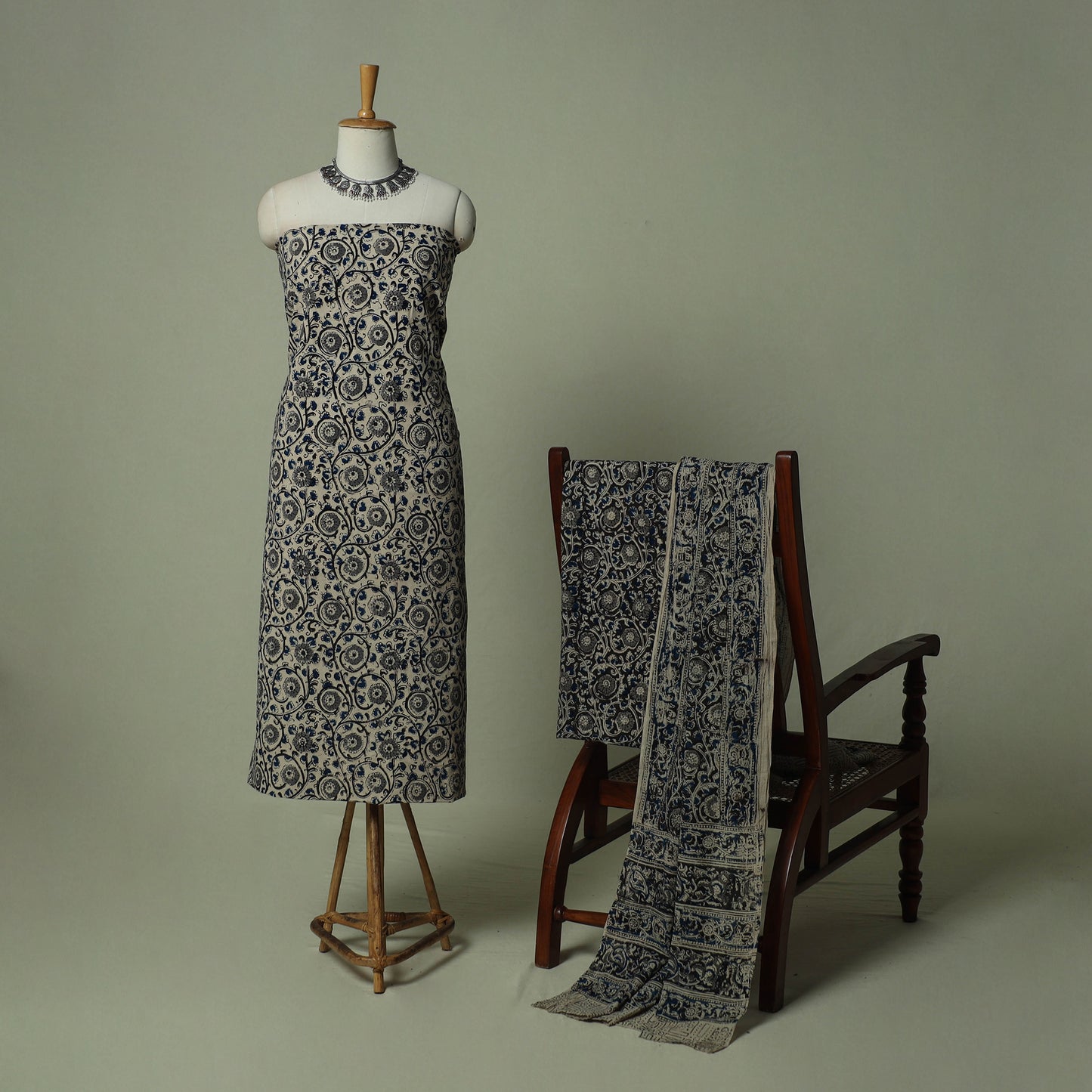Pedana Kalamkari Hand Block Print Natural Dyed Cotton 3pc Unstitched Dress Material Suit Set 12
