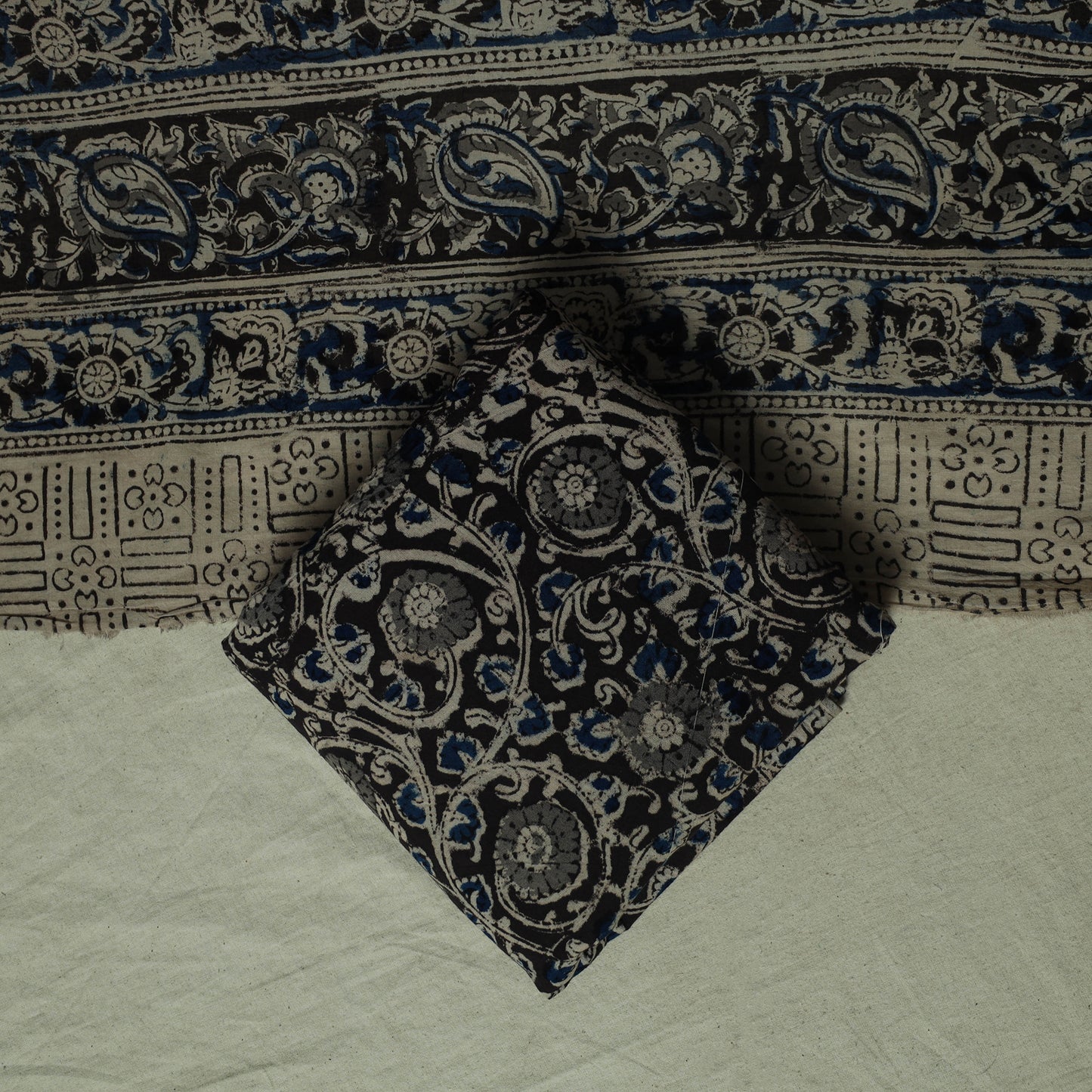 Pedana Kalamkari Hand Block Print Natural Dyed Cotton 3pc Unstitched Dress Material Suit Set 12