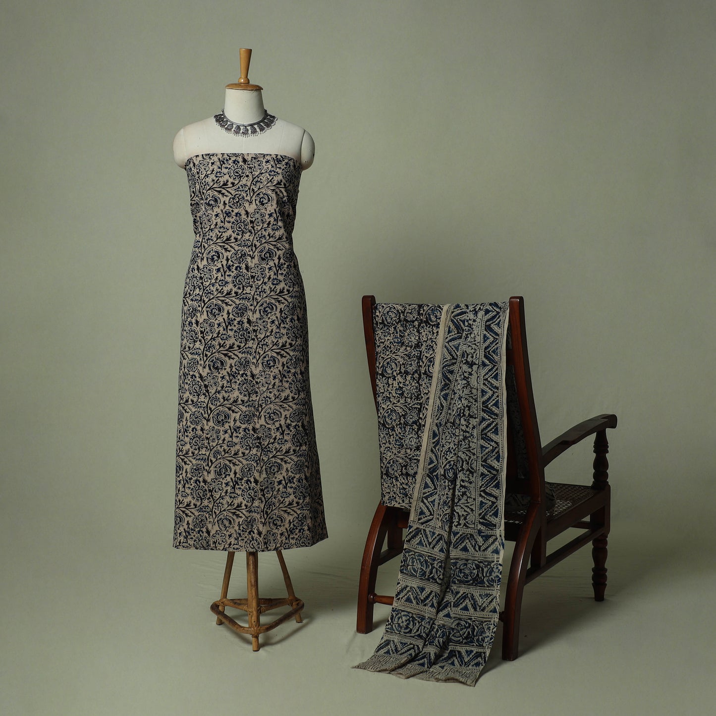 Pedana Kalamkari Hand Block Print Natural Dyed Cotton 3pc Unstitched Dress Material Suit Set 13