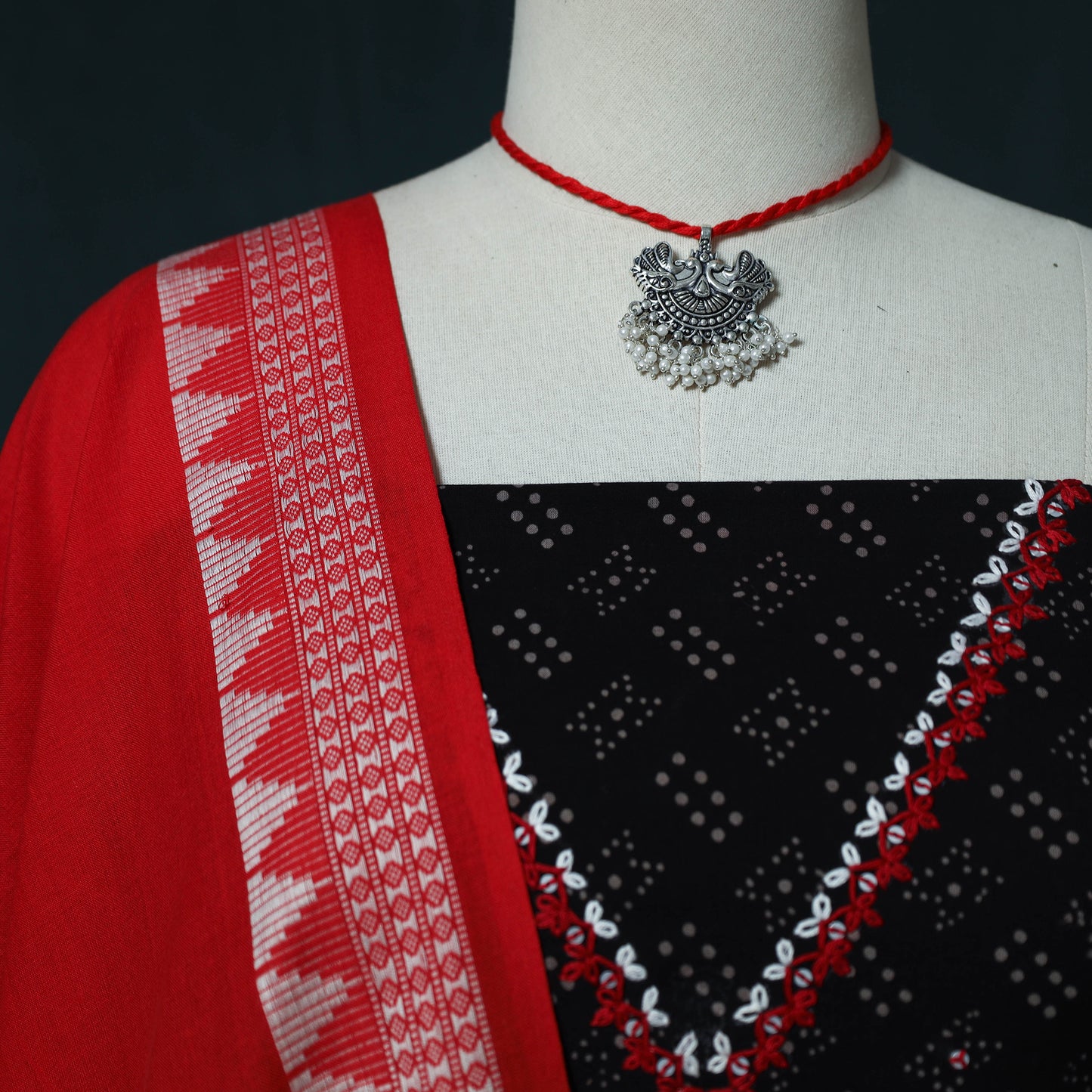 Hand Embroidered Ajrakh Block Print Natural Dyed Cotton 2pc Unstitched Dress Material Kurta Set with Jewellery Set 05