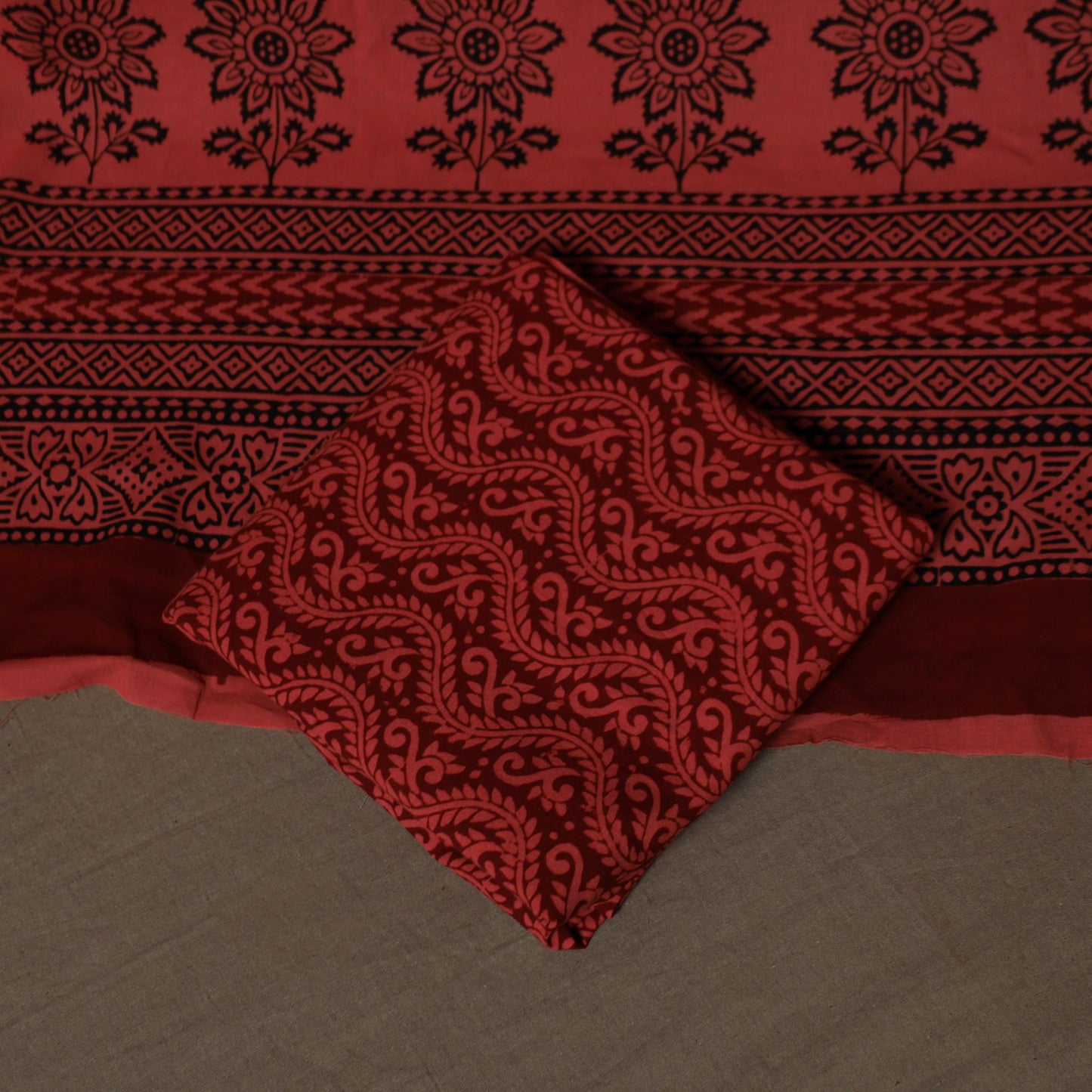 Red - Natural Dyed Cotton 3pc Unstitched Hand Block Bagh Print Dress Material Suit Set 16