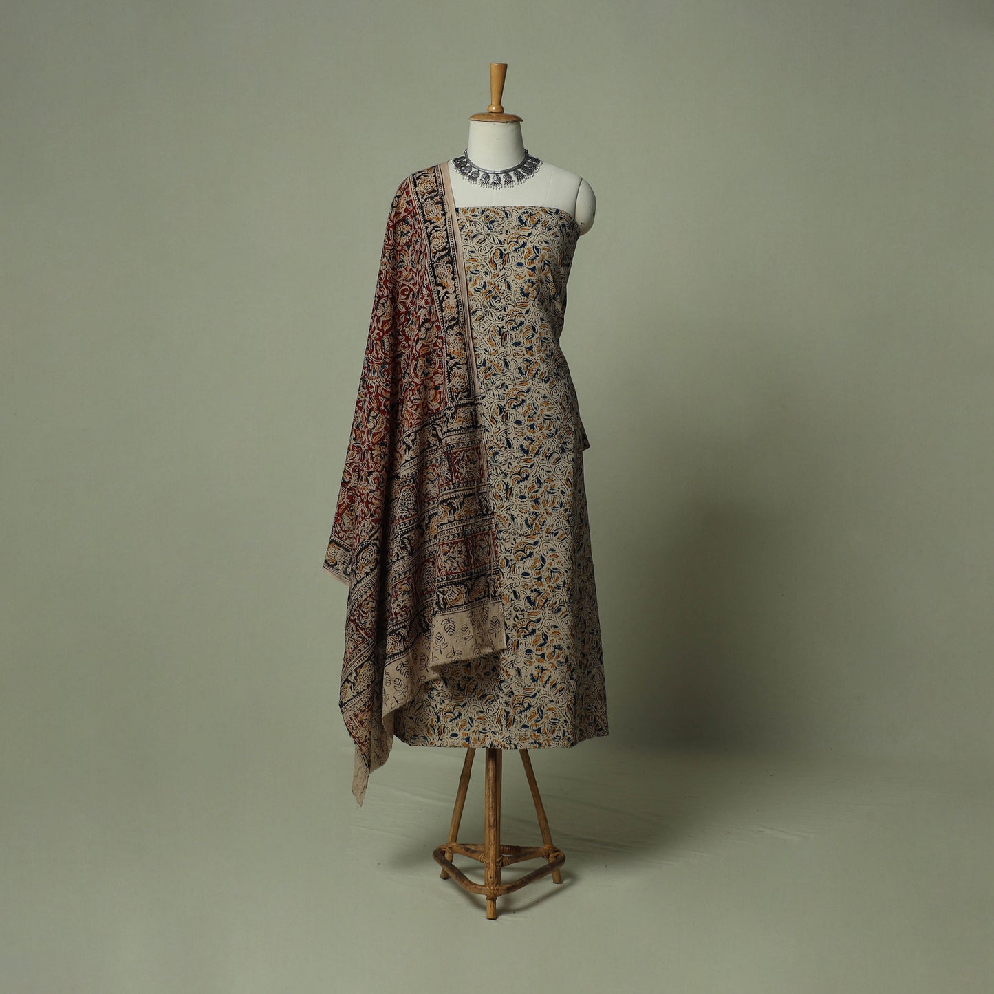 Pedana Kalamkari Hand Block Print Natural Dyed Cotton 3pc Unstitched Dress Material Suit Set 15