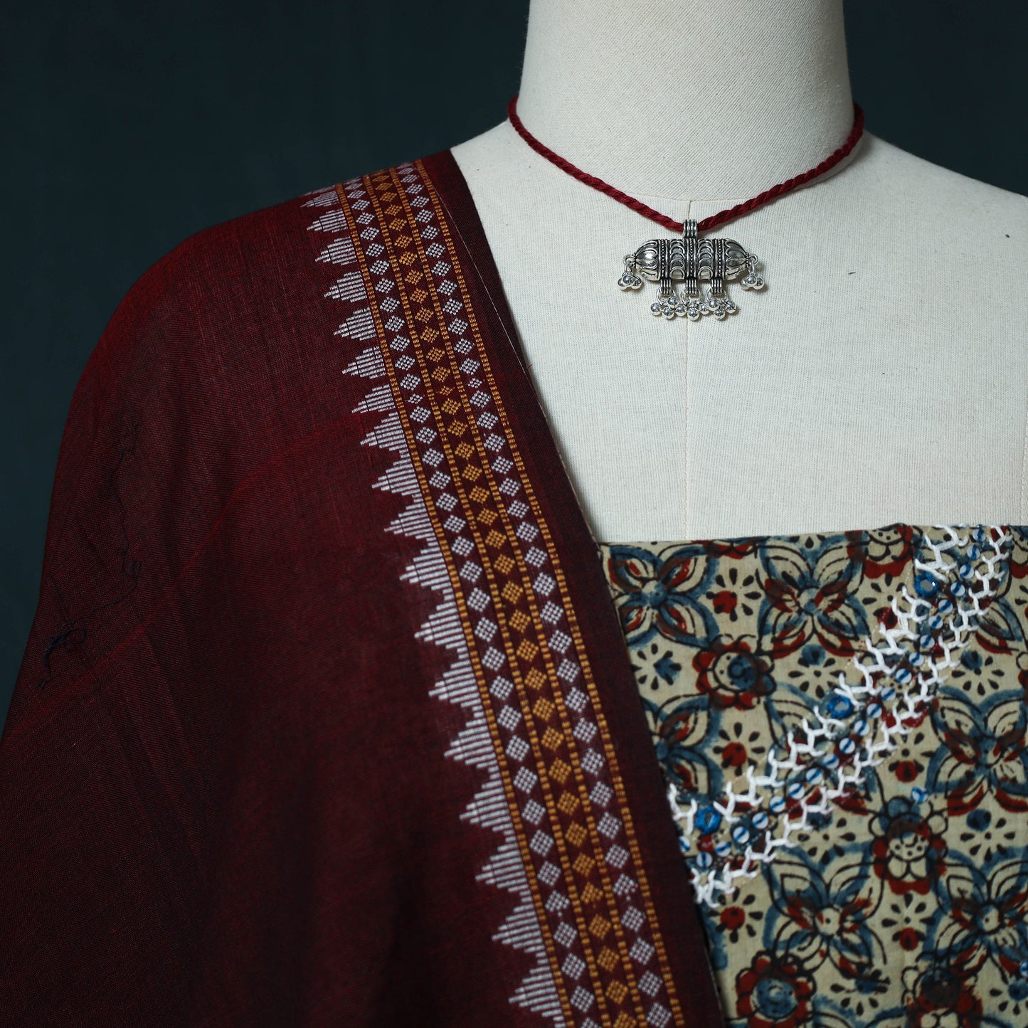 Hand Embroidered Ajrakh Block Print Natural Dyed Cotton 2pc Unstitched Dress Material Kurta Set with Jewellery Set 08