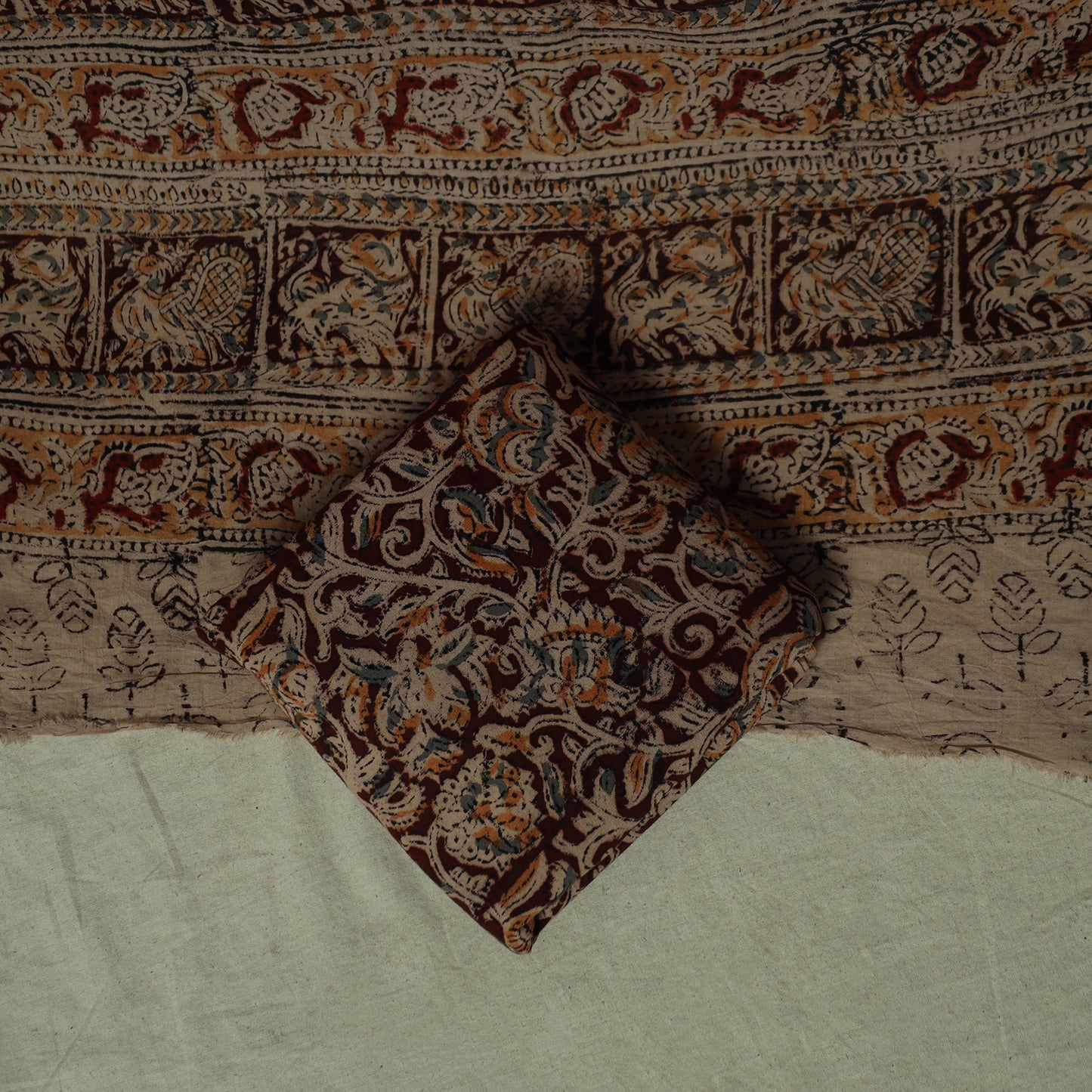 Pedana Kalamkari Hand Block Print Natural Dyed Cotton 3pc Unstitched Dress Material Suit Set 16