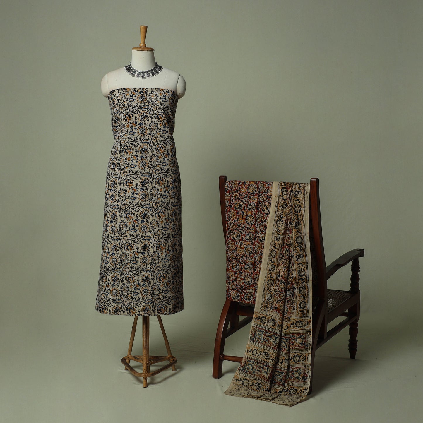Pedana Kalamkari Hand Block Print Natural Dyed Cotton 3pc Unstitched Dress Material Suit Set 17