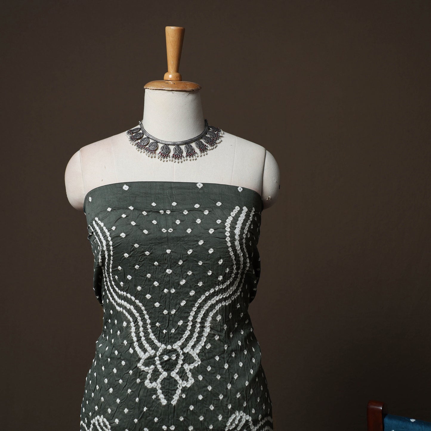 Grey - Kutch Tie-Dye Cotton Satin 3pc Unstitched Bandhani Dress Material Suit Set 19