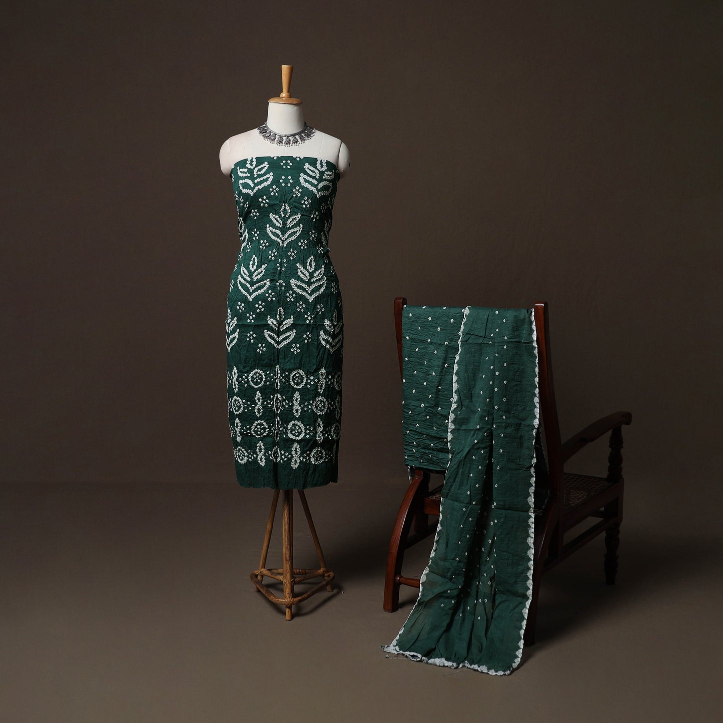 Green - Kutch Tie-Dye Cotton Satin 3pc Unstitched Bandhani Dress Material Suit Set 22