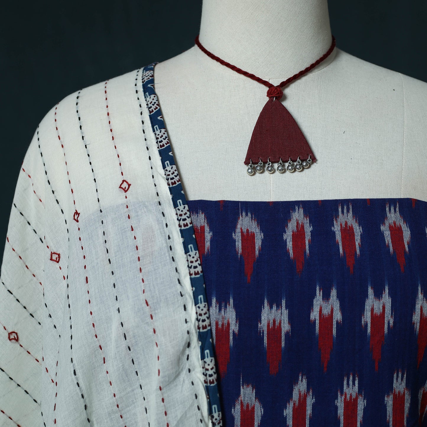 Pochampally Ikat Cotton 2pc Unstitched Dress Material Kurta Set with Jewellery Set 11