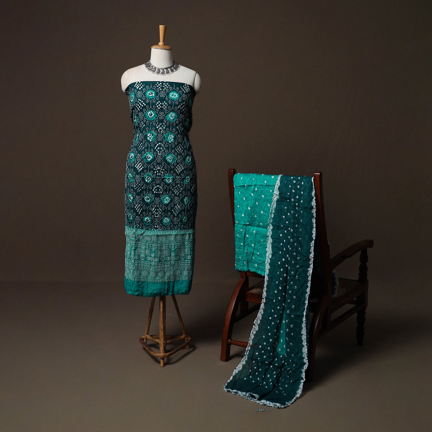 Green - Kutch Tie-Dye Cotton Satin 3pc Unstitched Bandhani Dress Material Suit Set 25
