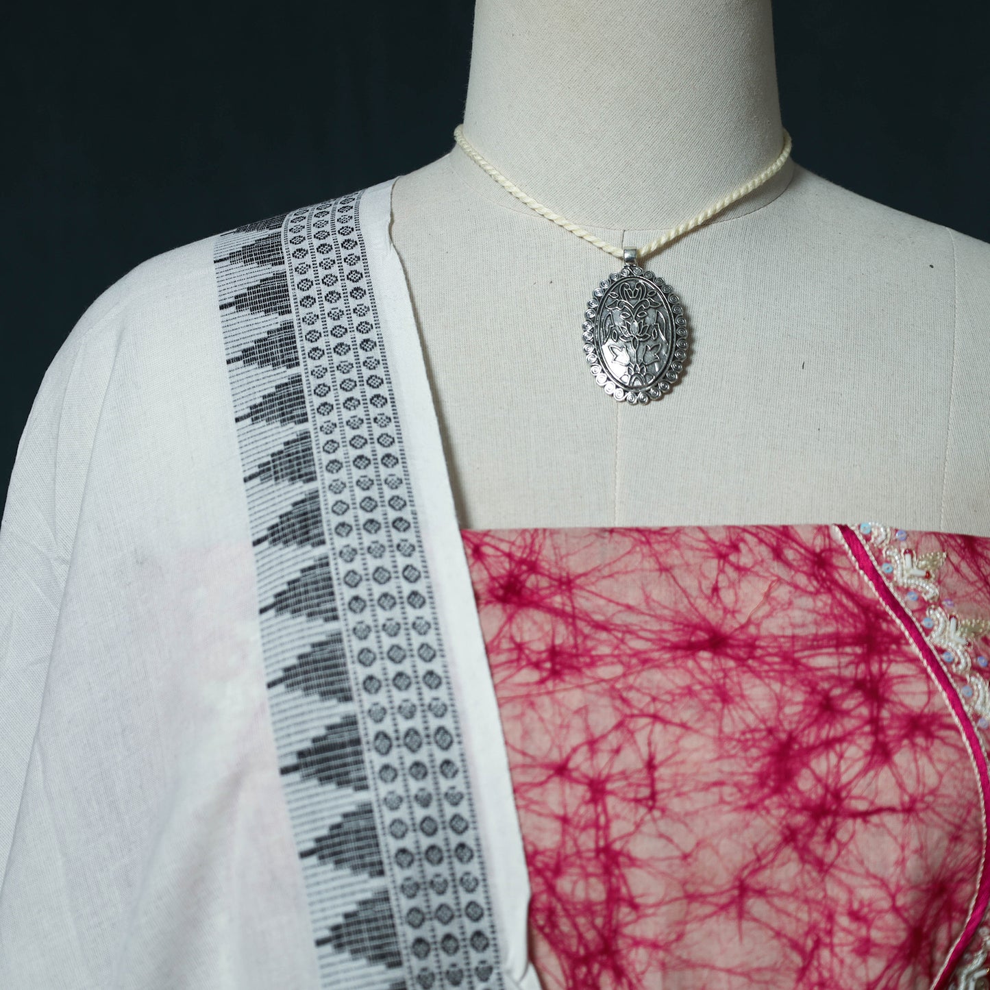 Hand Embroidered Batik Block Print Cotton 2pc Unstitched Dress Material Kurta Set with Jewellery Set 14
