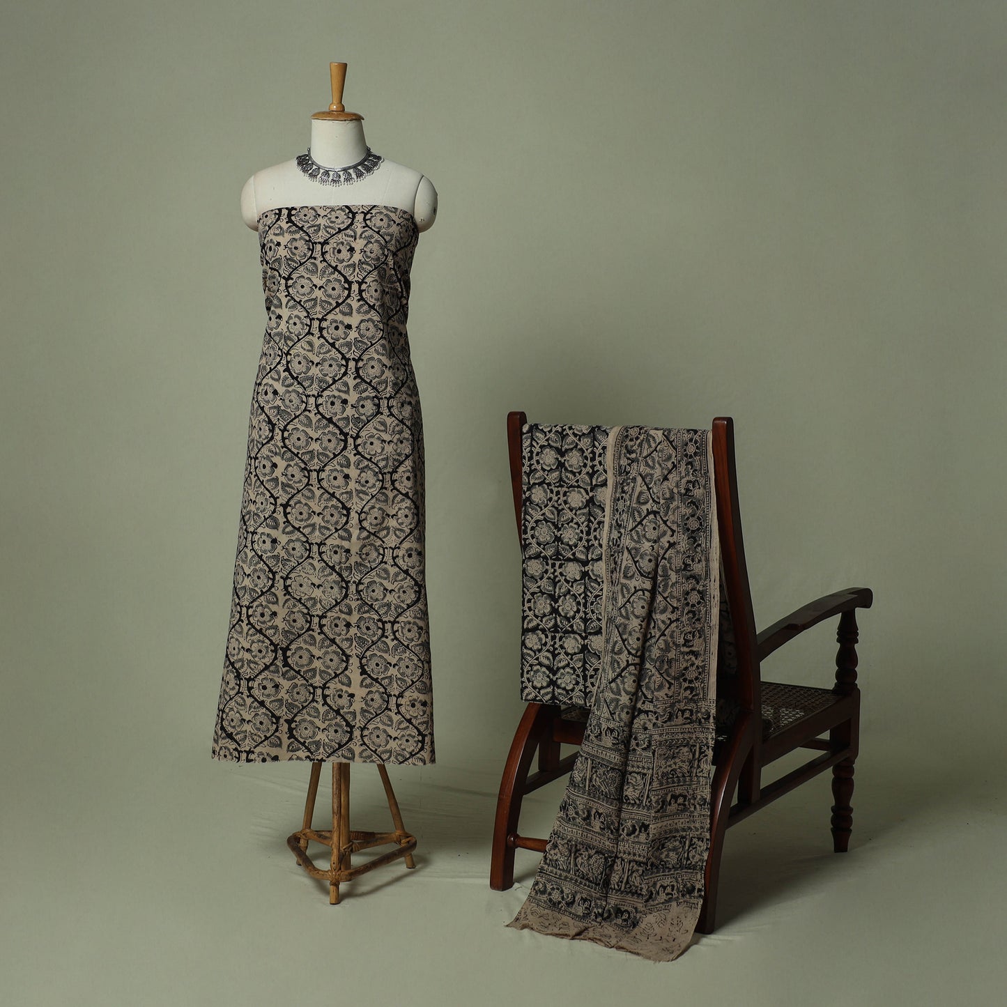 Pedana Kalamkari Hand Block Print Natural Dyed Cotton 3pc Unstitched Dress Material Suit Set 27