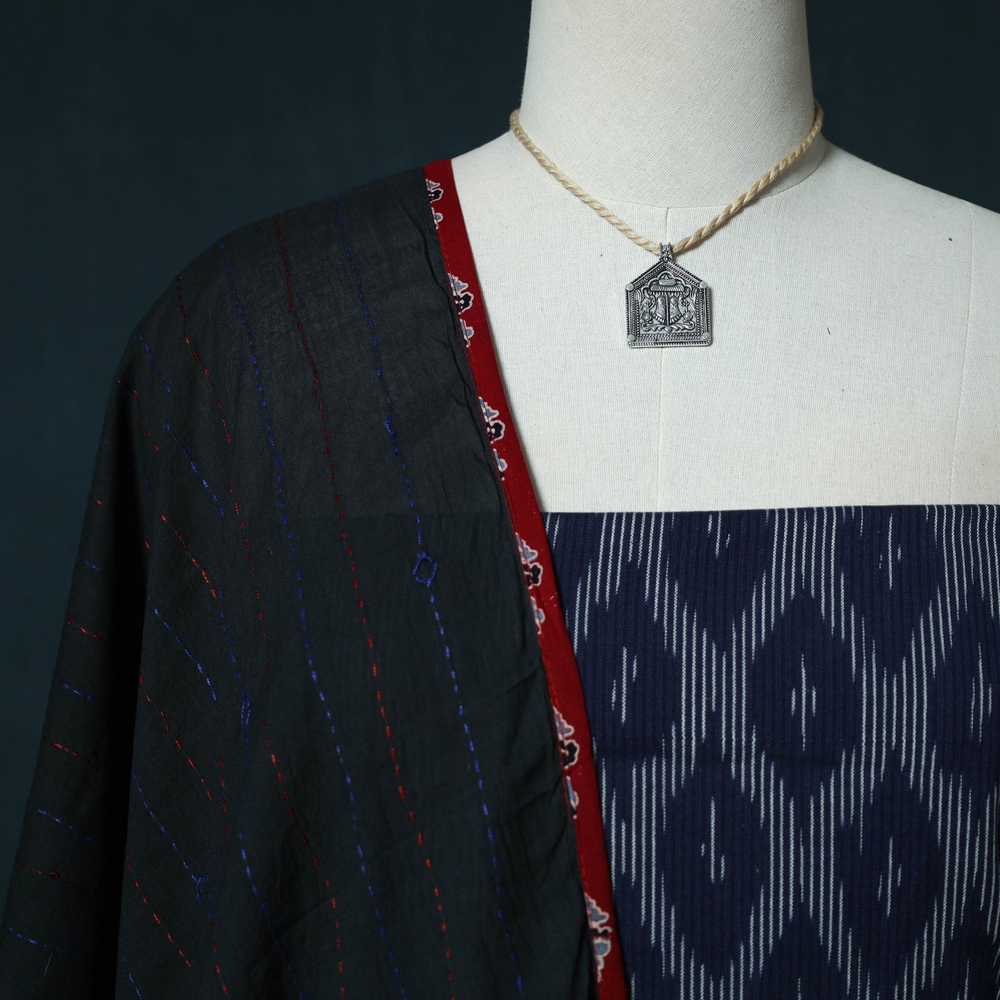 Pochampally Ikat Cotton 2pc Unstitched Dress Material Kurta Set with Jewellery Set 15