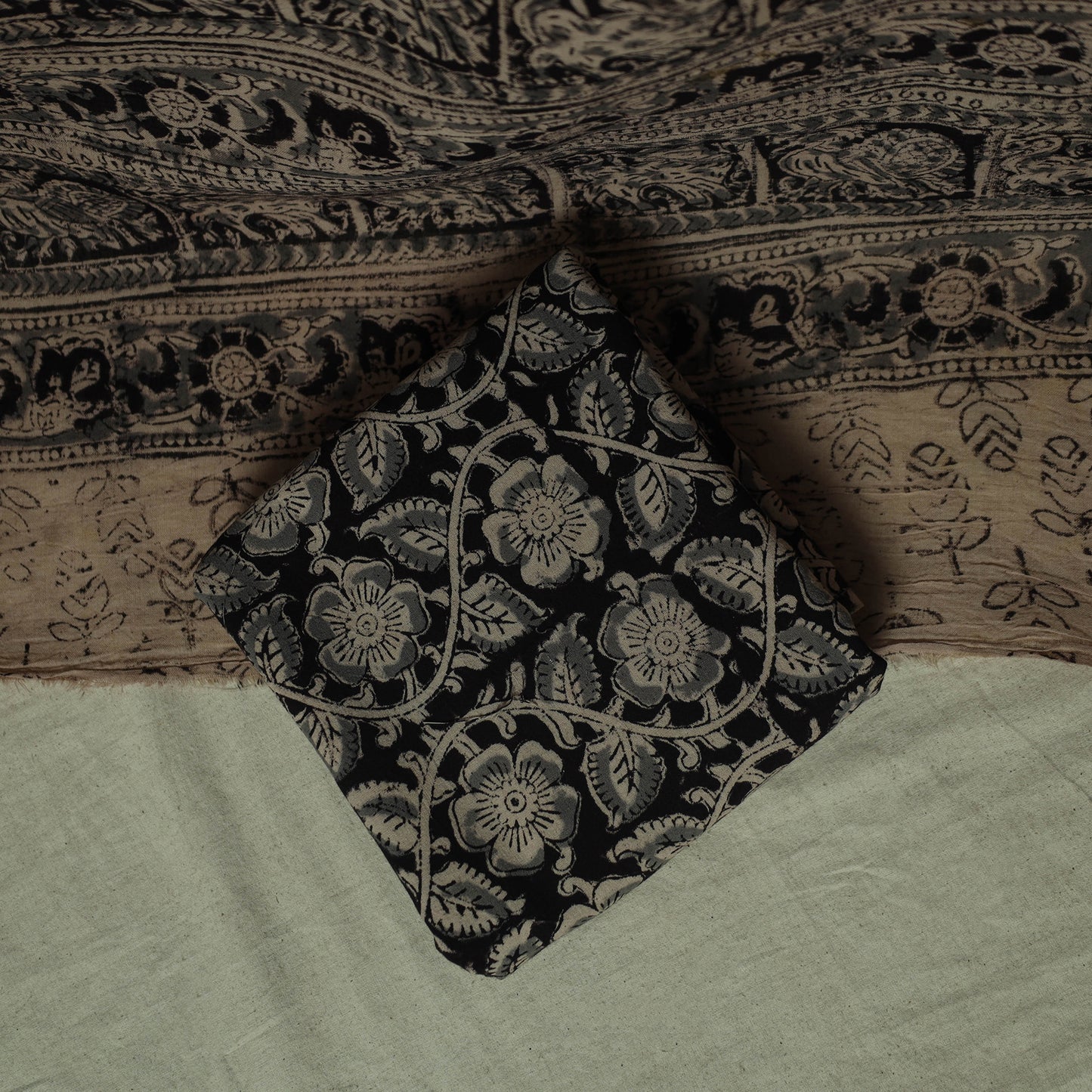 Pedana Kalamkari Hand Block Print Natural Dyed Cotton 3pc Unstitched Dress Material Suit Set 27