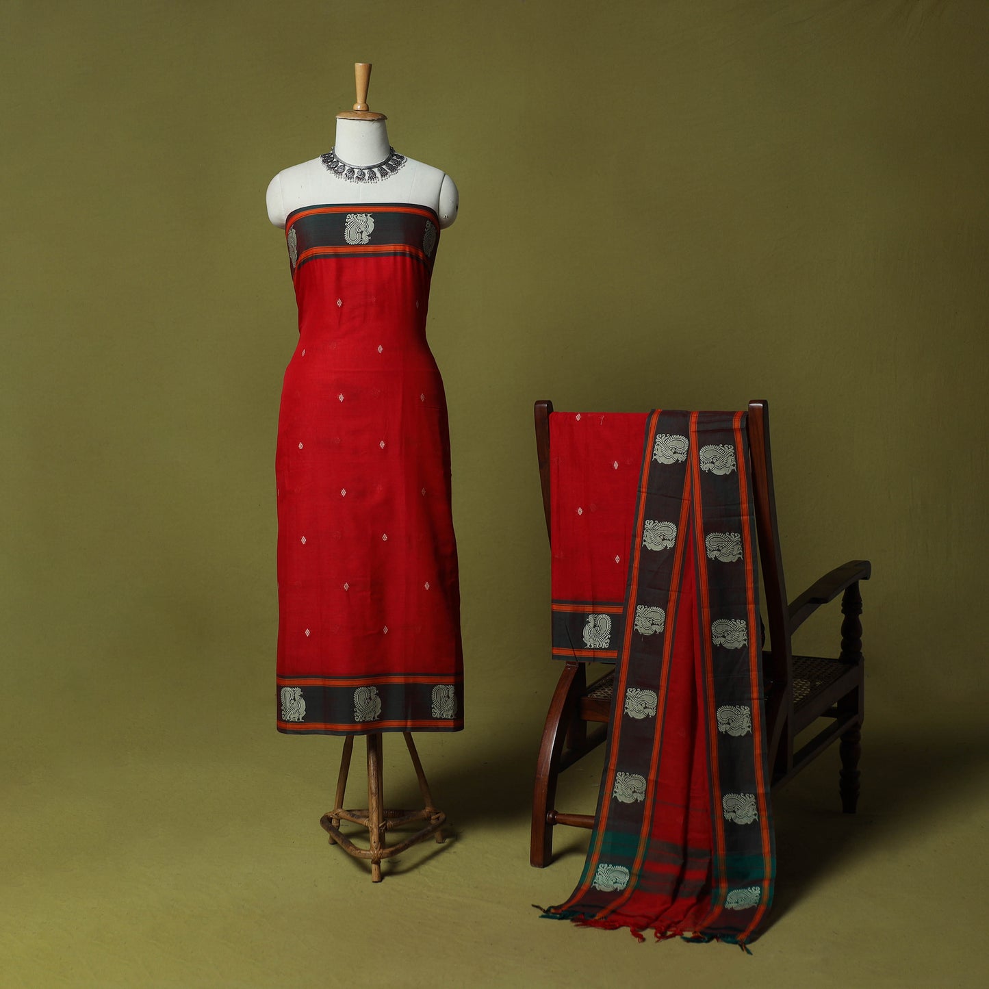 Dharwad Woven Cotton 3pc Unstitched Dress Material Suit Set with Border 02