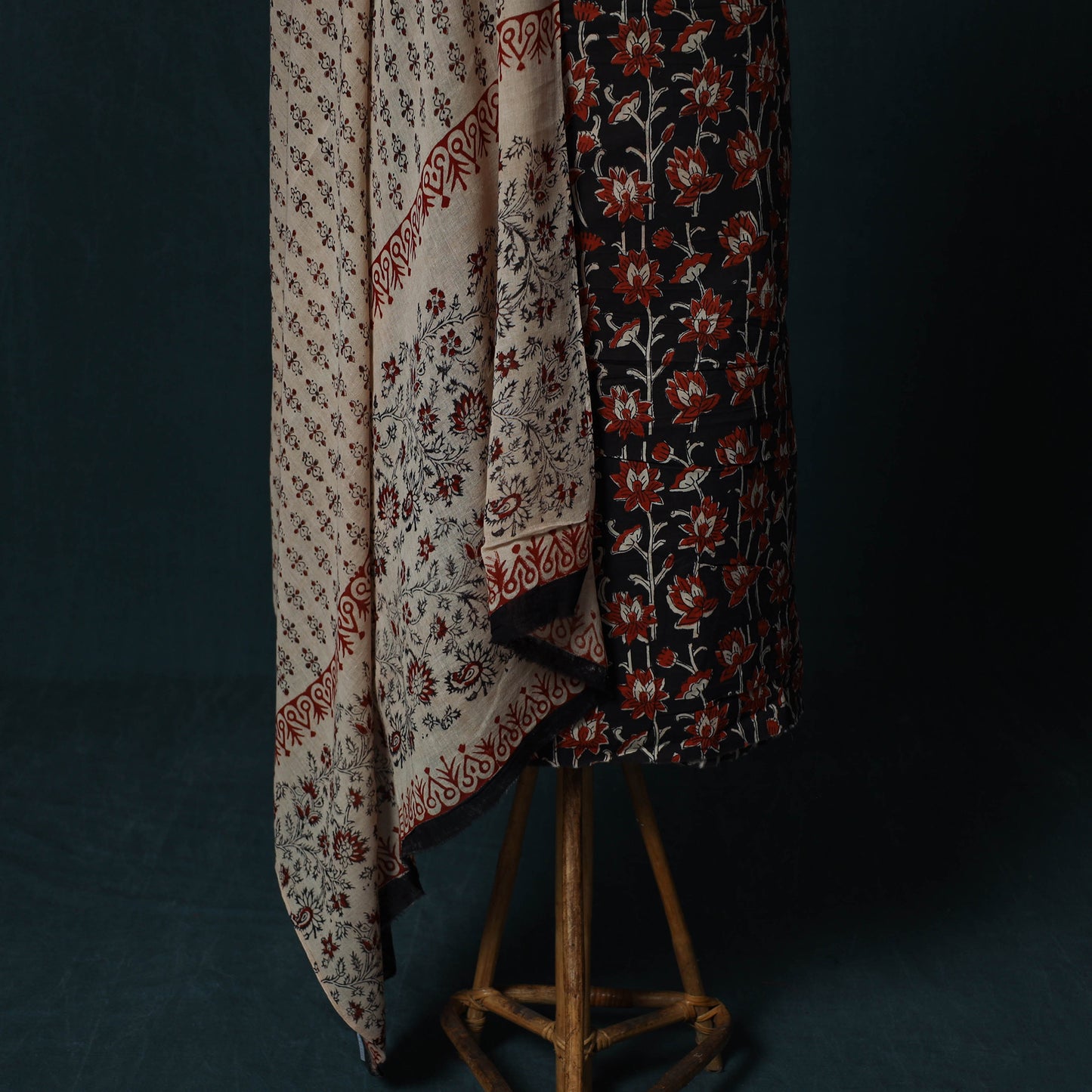 Bagru Hand Block Print Natural Dyed Cotton 2pc Unstitched Dress Material Kurta Set with Jewellery Set 20