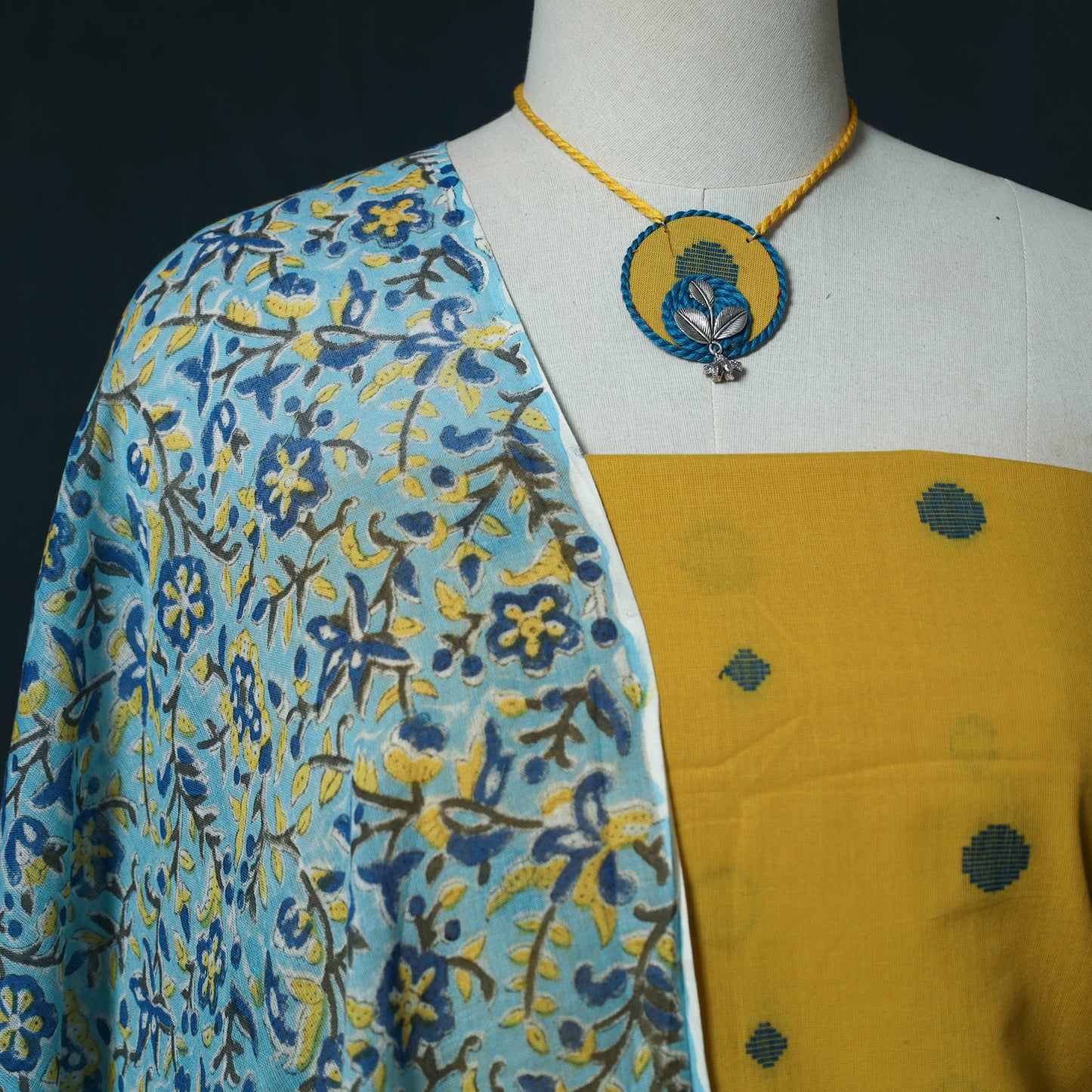 Jacquard Cotton 2pc Unstitched Dress Material Kurta Set with Jewellery Set 21