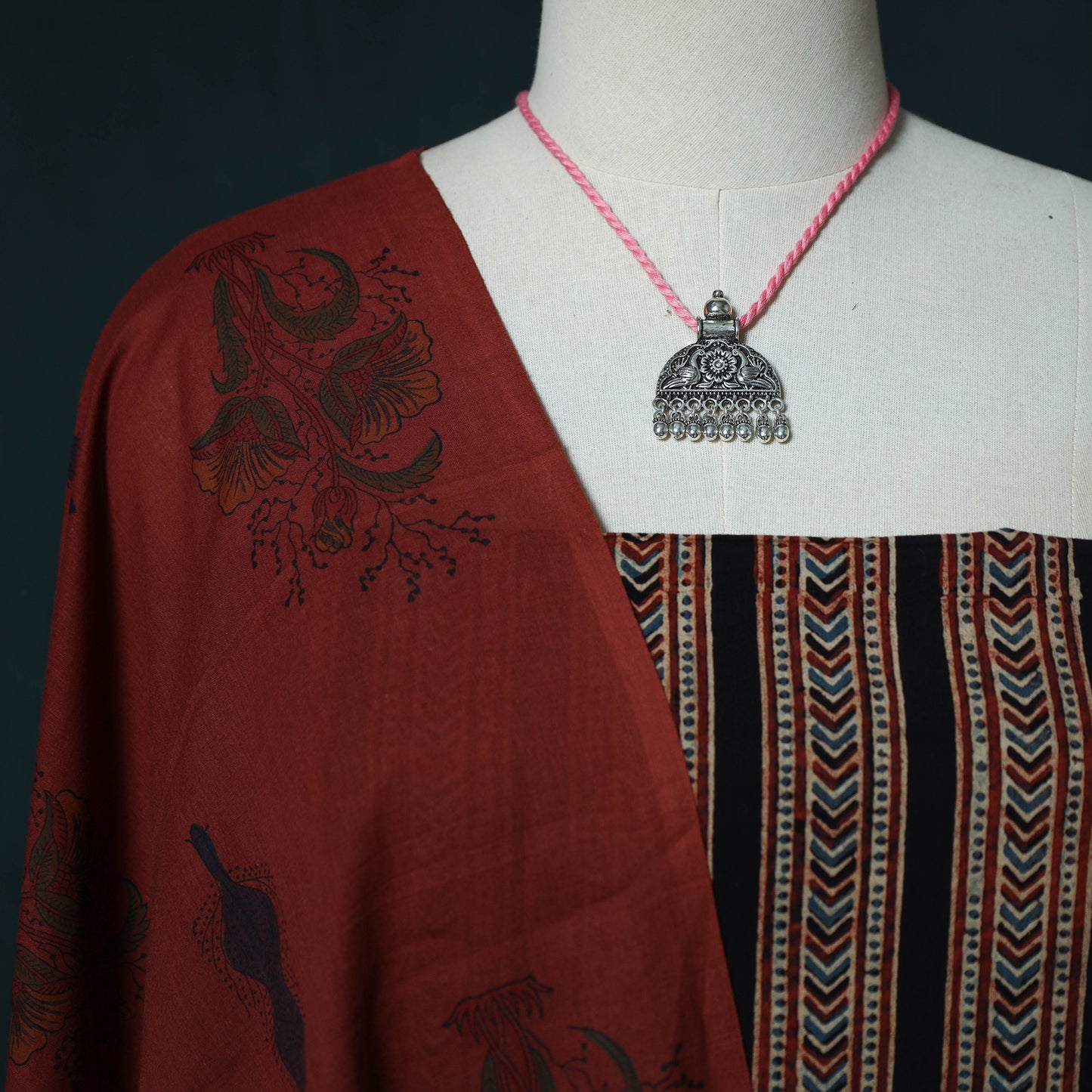 Ajrakh Hand Block Print Natural Dyed Cotton 2pc Unstitched Dress Material Kurta Set with Jewellery Set 16