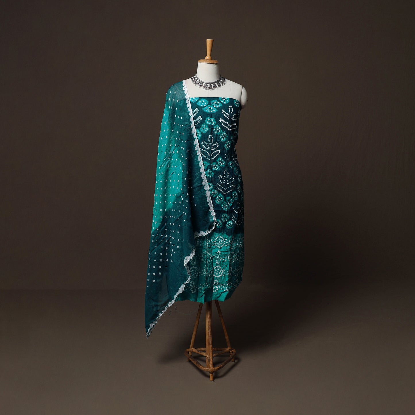 Green - Kutch Tie-Dye Cotton Satin 3pc Unstitched Bandhani Dress Material Suit Set 33