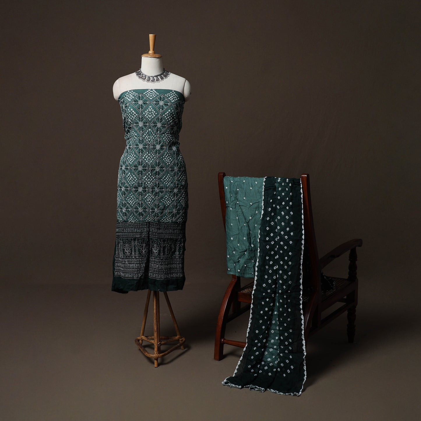 Green - Kutch Tie-Dye Cotton Satin 3pc Unstitched Bandhani Dress Material Suit Set 36
