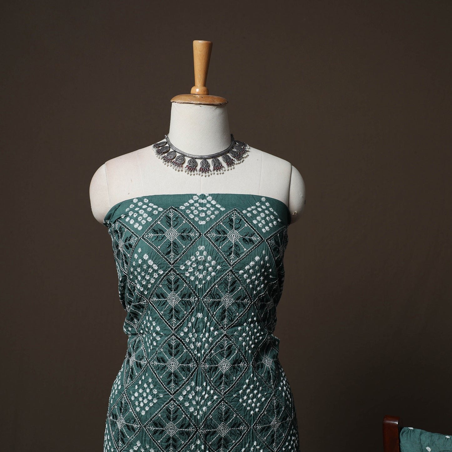 Green - Kutch Tie-Dye Cotton Satin 3pc Unstitched Bandhani Dress Material Suit Set 36