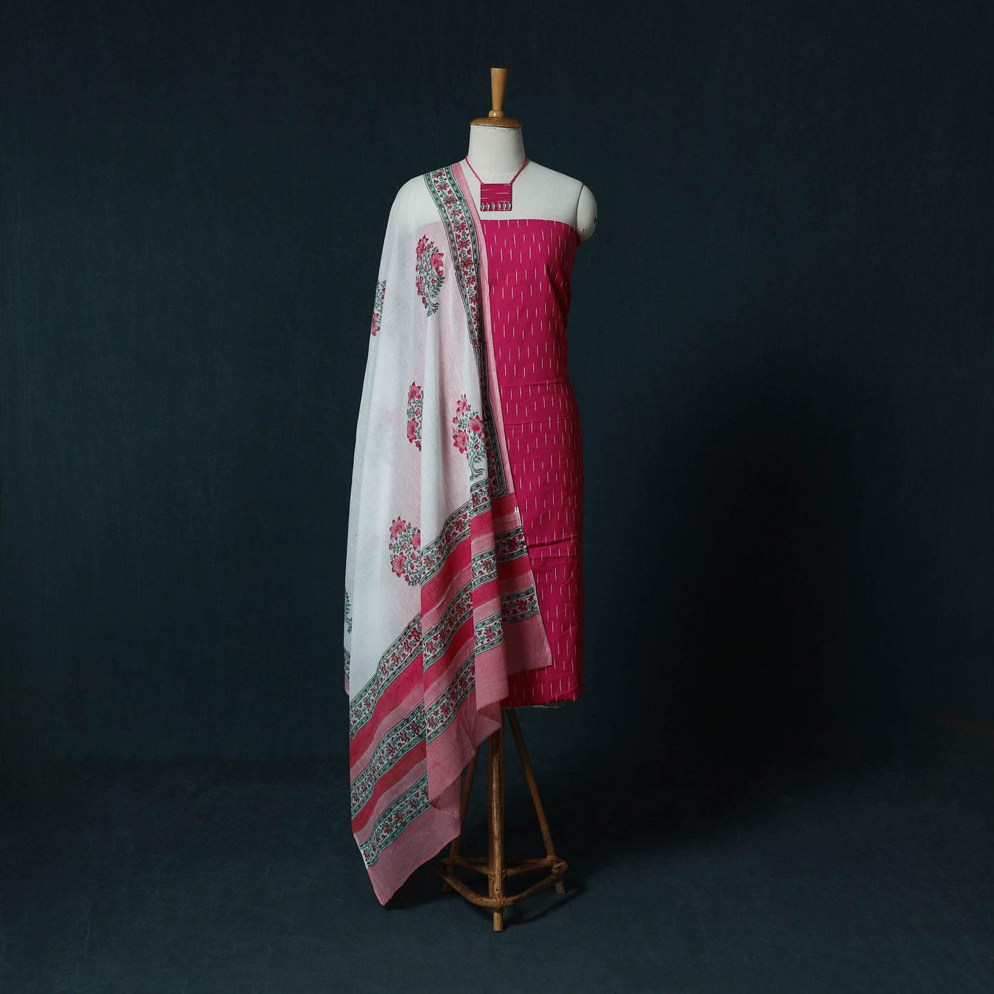 Pochampally Ikat Cotton 2pc Unstitched Dress Material Kurta Set with Jewellery Set 30