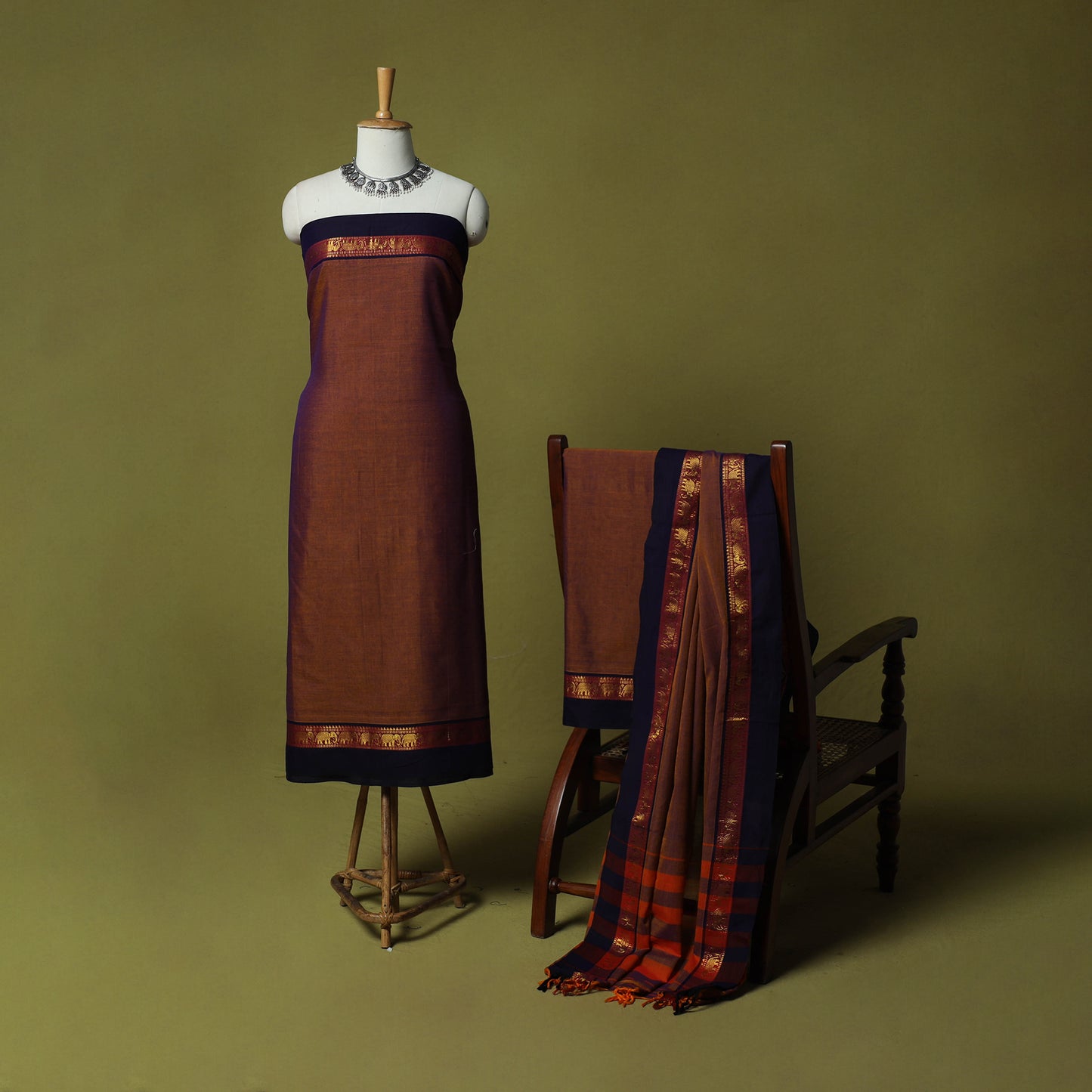 Dharwad Cotton 3pc Unstitched Dress Material Suit Set with Woven Zari Border 19