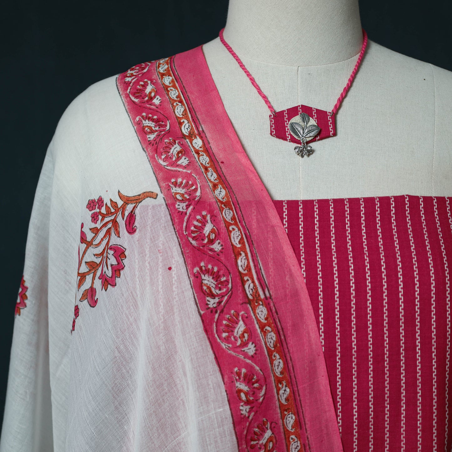 Jacquard Cotton 2pc Unstitched Dress Material Kurta Set with Jewellery Set 34