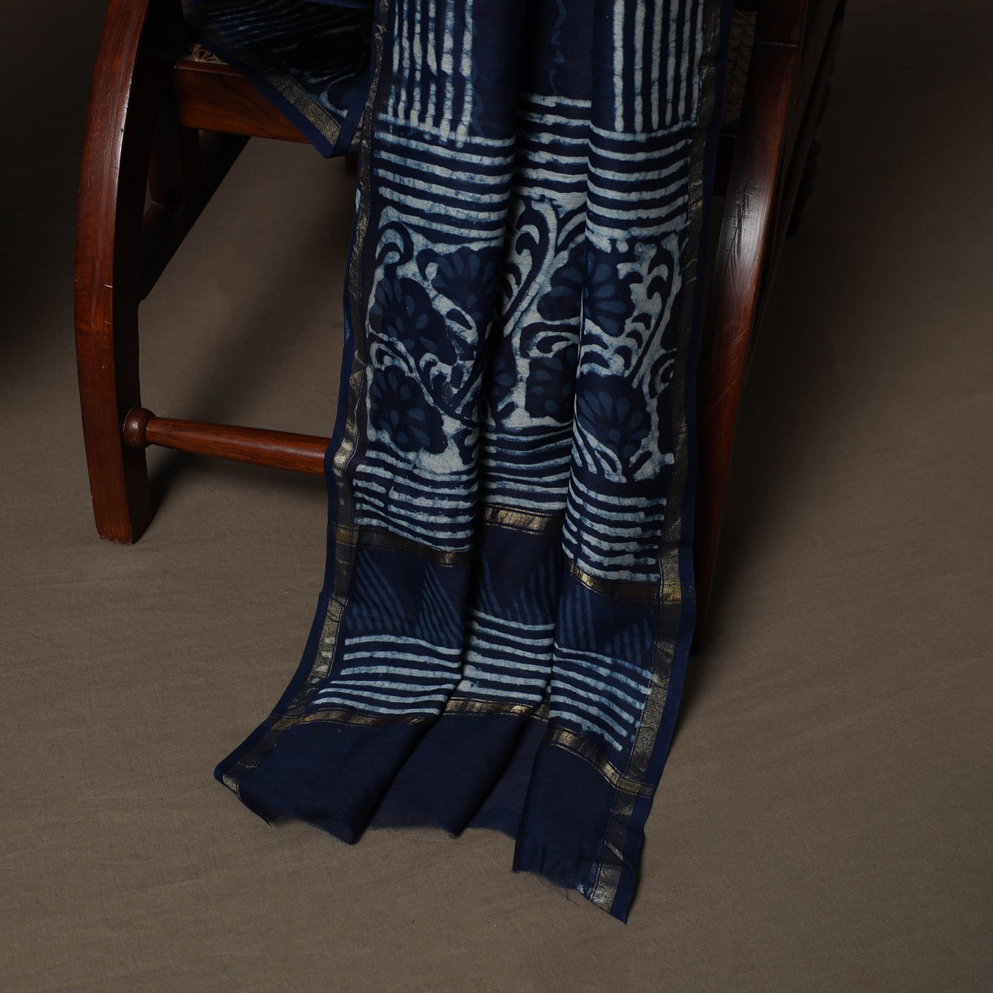 Blue - Indigo Bagru Hand Block Print Chanderi Silk 3pc Unstitched Dress Material Suit Set 46