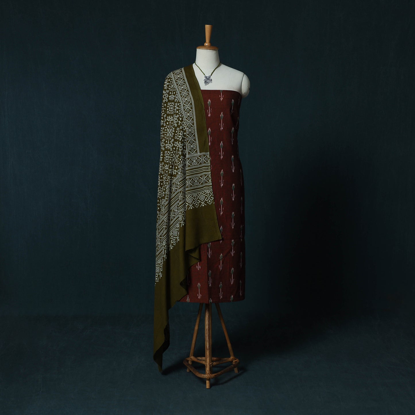 Pochampally Ikat Cotton 2pc Unstitched Dress Material Kurta Set with Jewellery Set 37