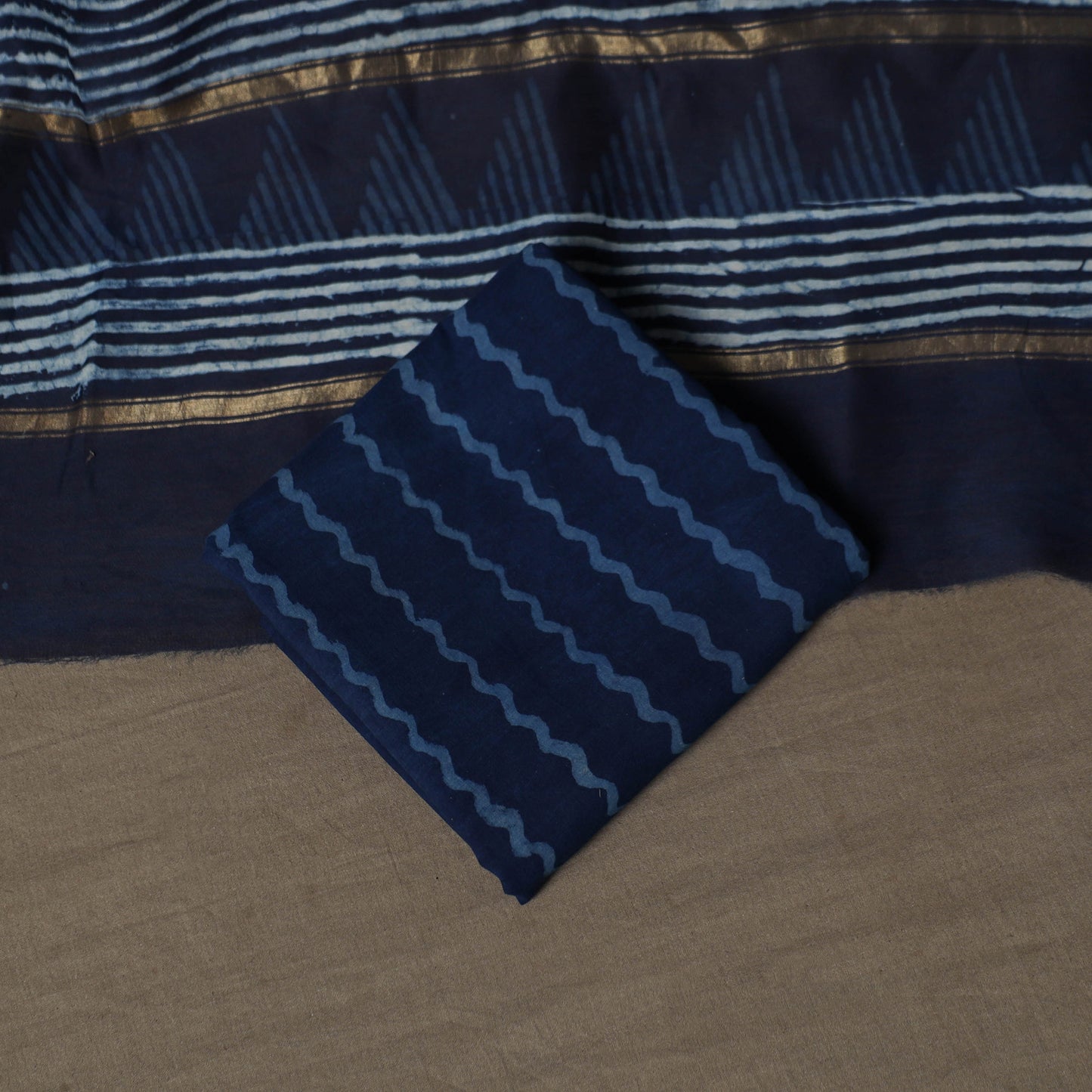 Blue - Indigo Bagru Hand Block Print Chanderi Silk 3pc Unstitched Dress Material Suit Set 46