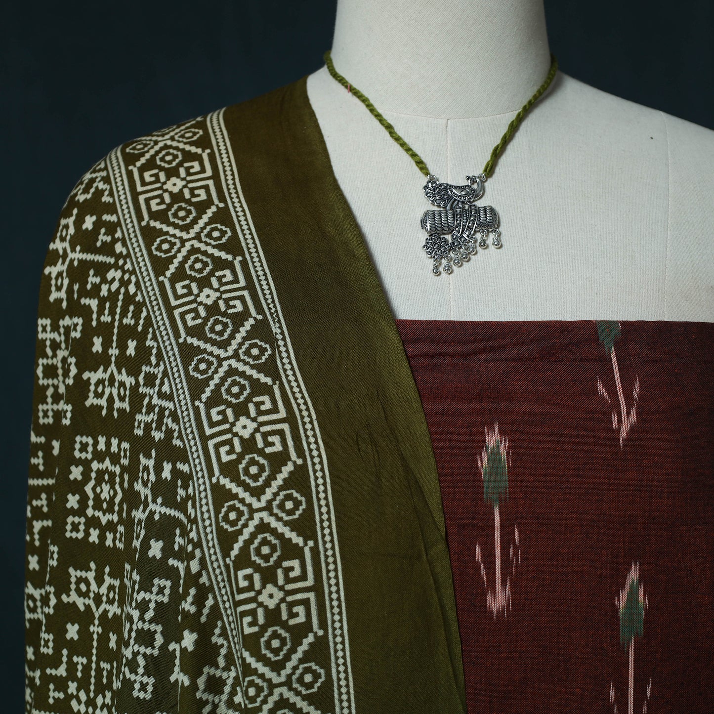 Pochampally Ikat Cotton 2pc Unstitched Dress Material Kurta Set with Jewellery Set 37