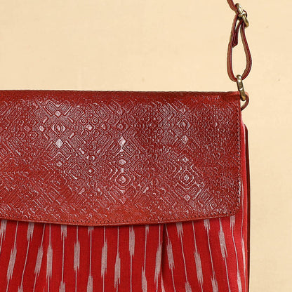 Red - Handcrafted Ikat Fabric Sling Bag with Embossed Leather Flap