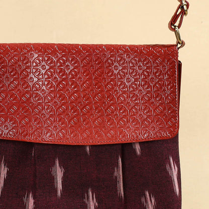Maroon - Handcrafted Ikat Fabric Sling Bag with Embossed Leather Flap