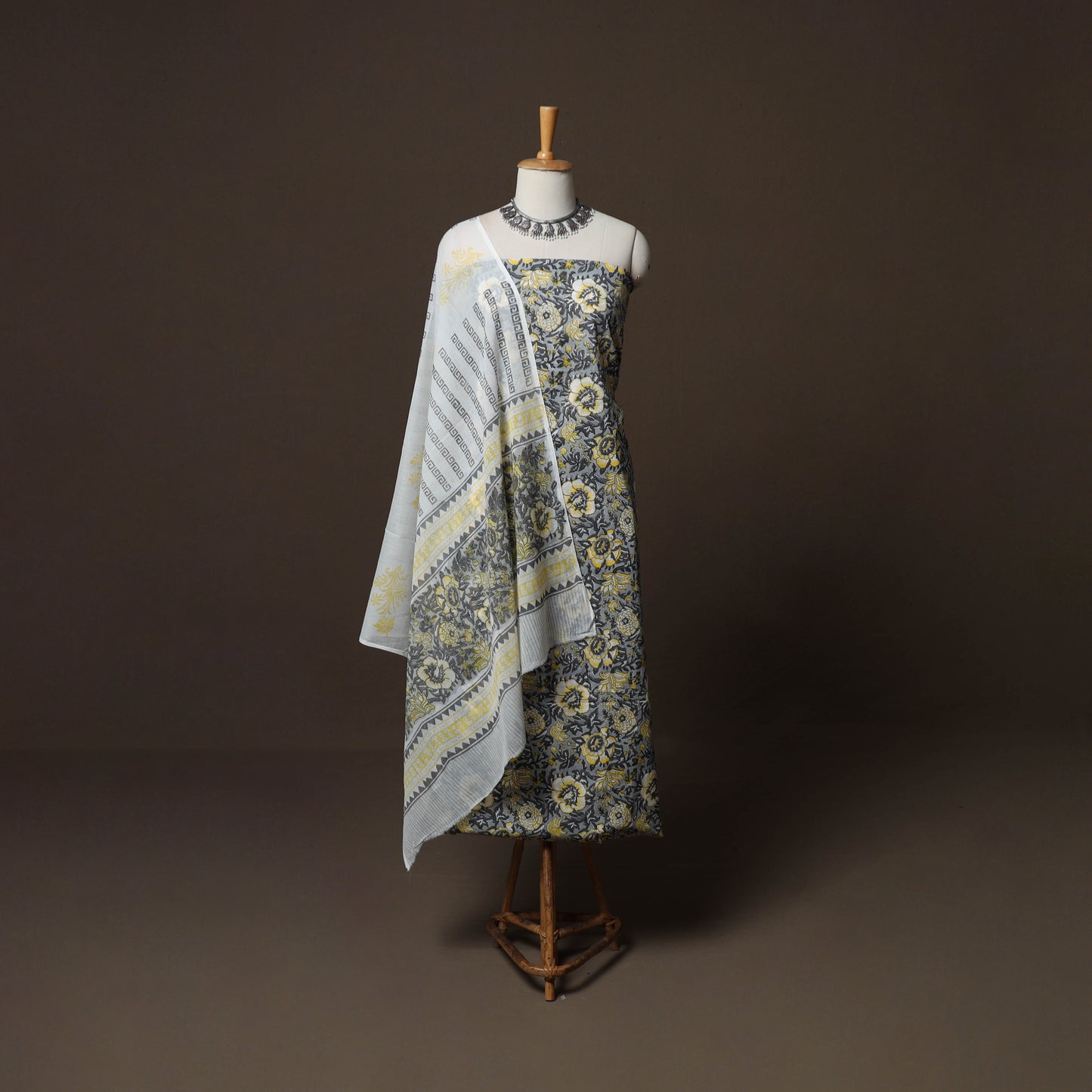 Grey - Sanganeri Hand Block Print Cotton 3pc Unstitched Dress Material Suit Set 54