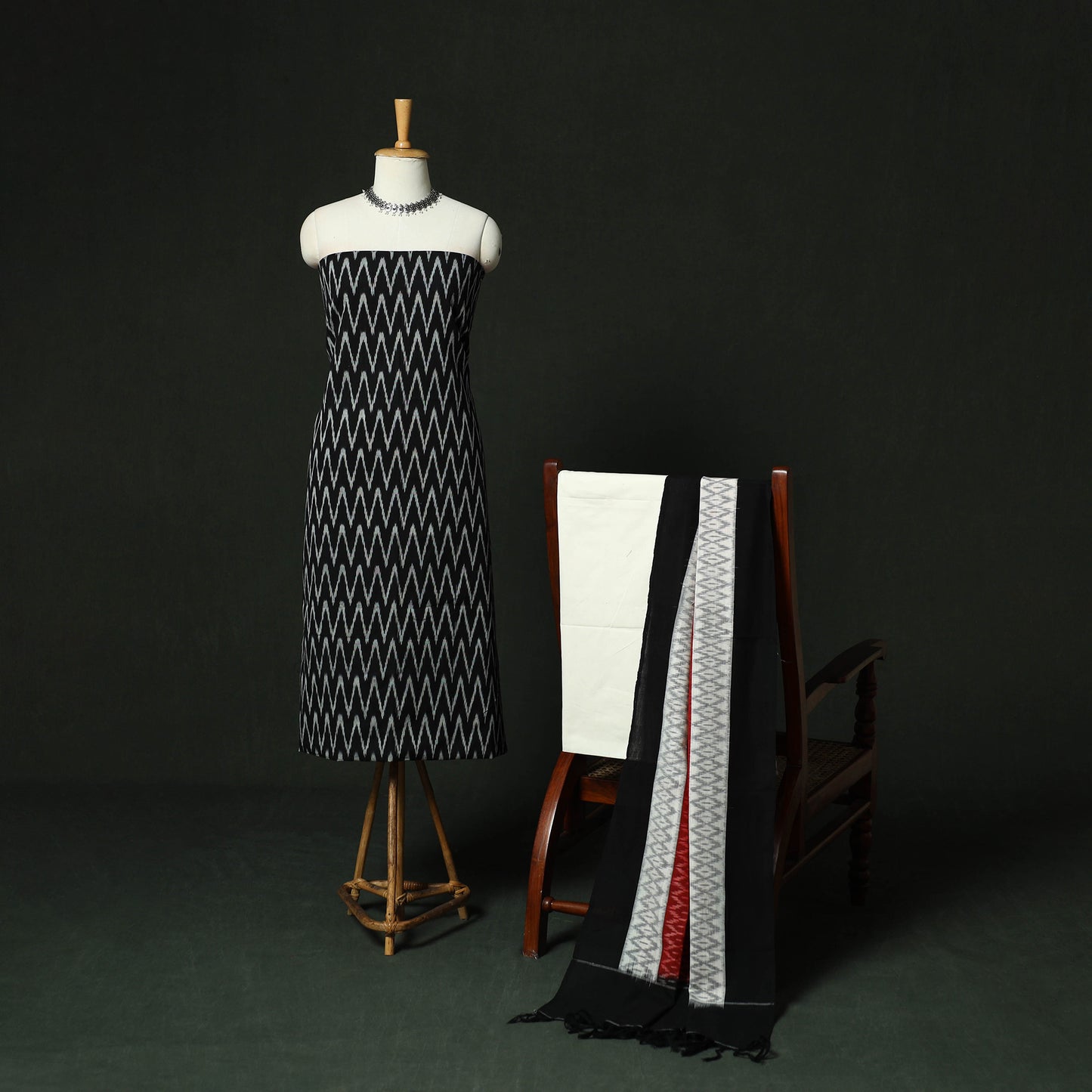 Black - Pochampally Ikat Cotton 3pc Unstitched Dress Material Suit Set 01