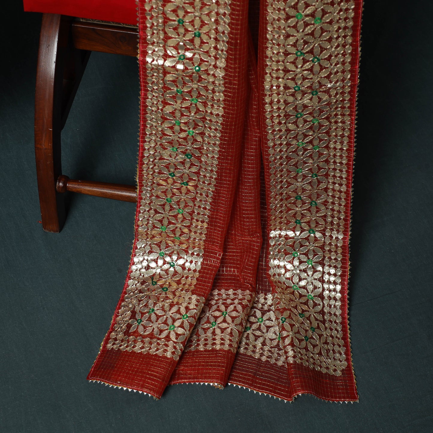 Red - 3pc Gota Patti Work Kota Doria Cotton Unstitched Dress Material Suit Set 01