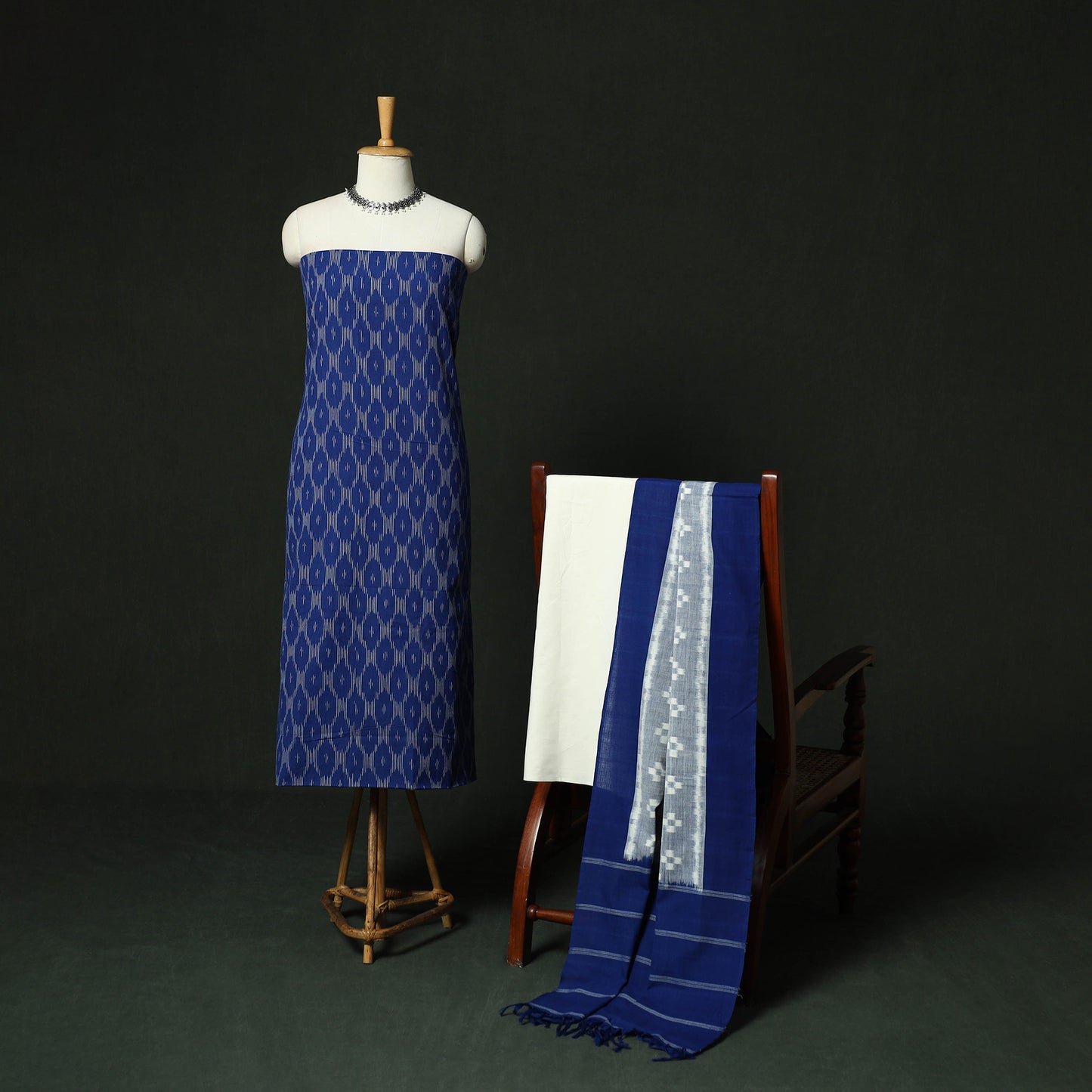 Blue - Pochampally Ikat Cotton 3pc Unstitched Dress Material Suit Set 02