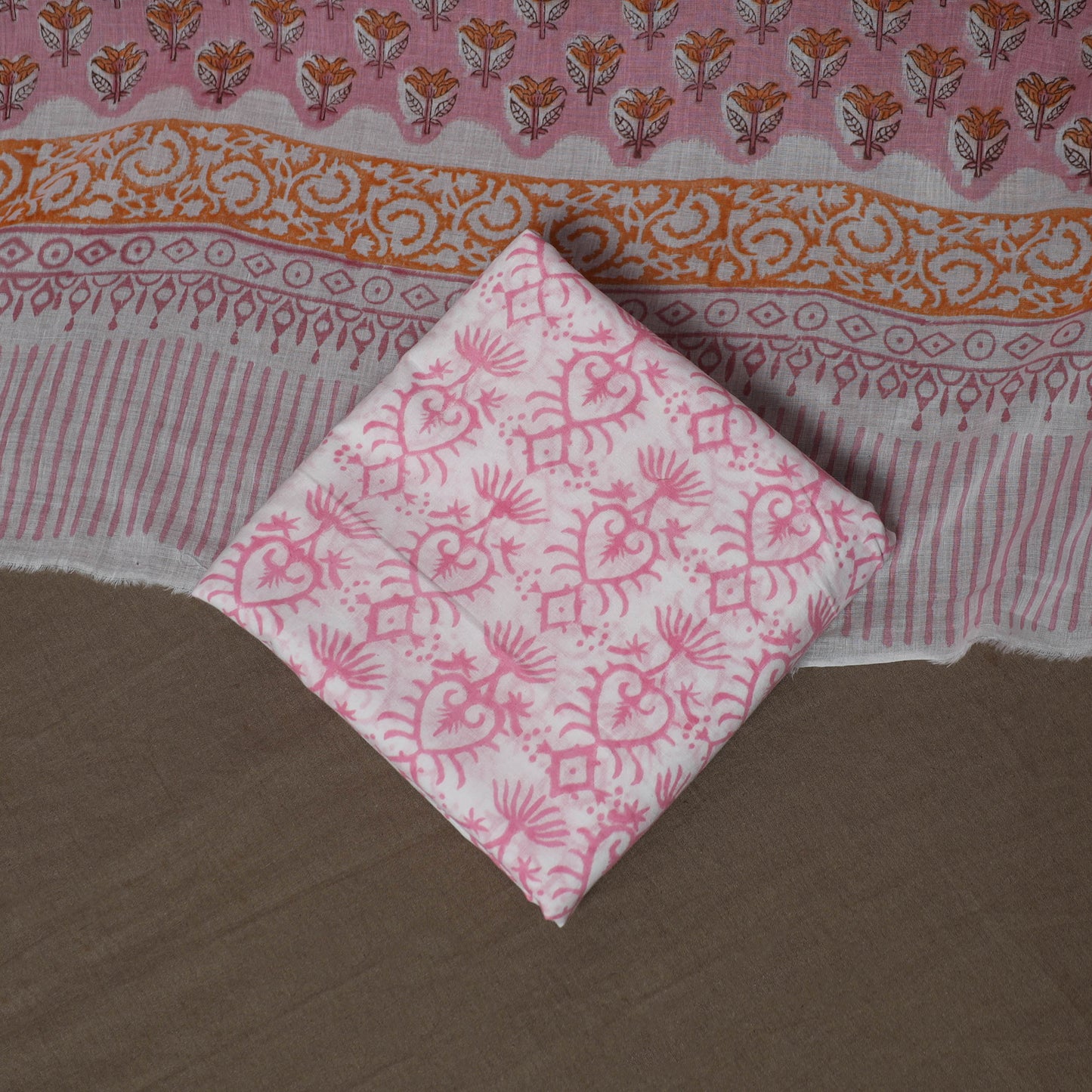 Pink - Sanganeri Hand Block Print Cotton 3pc Unstitched Dress Material Suit Set 55