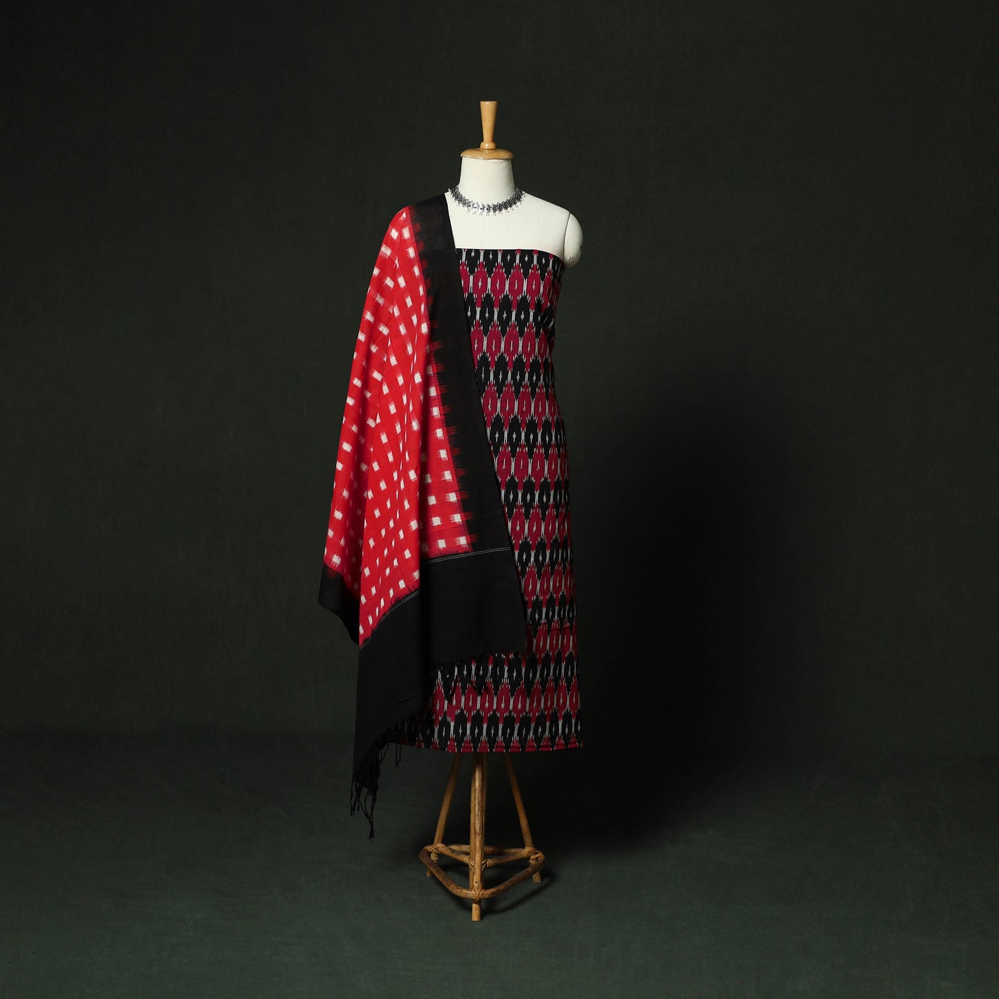 Black - Pochampally Ikat Cotton 3pc Unstitched Dress Material Suit Set 05