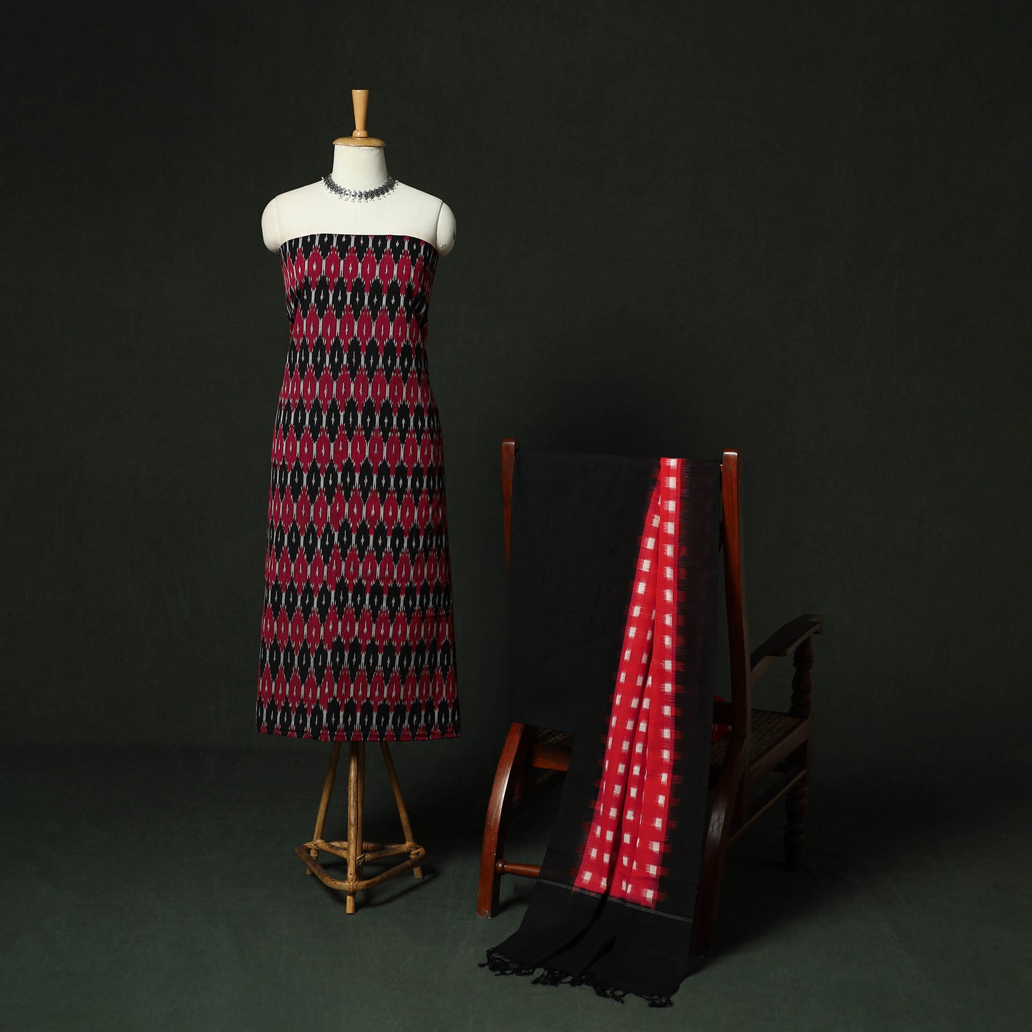 Black - Pochampally Ikat Cotton 3pc Unstitched Dress Material Suit Set 05