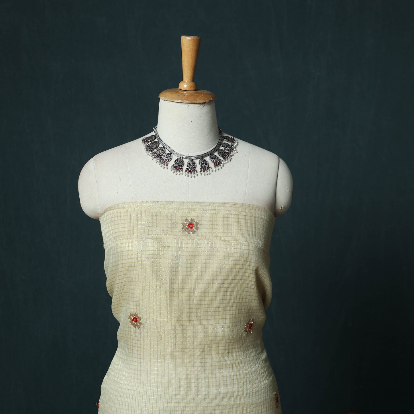 Beige - 3pc Gota Patti Work Kota Doria Cotton Unstitched Dress Material Suit Set 05