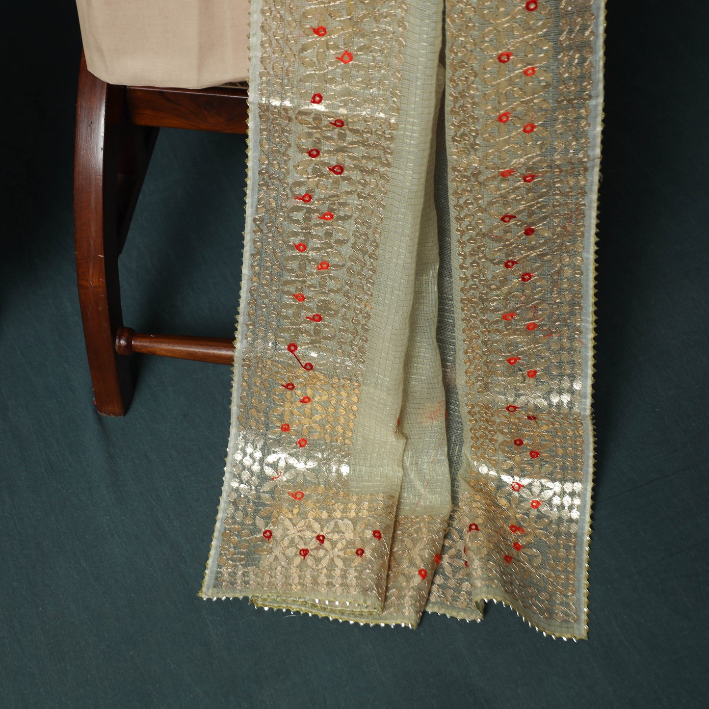 Beige - 3pc Gota Patti Work Kota Doria Cotton Unstitched Dress Material Suit Set 05