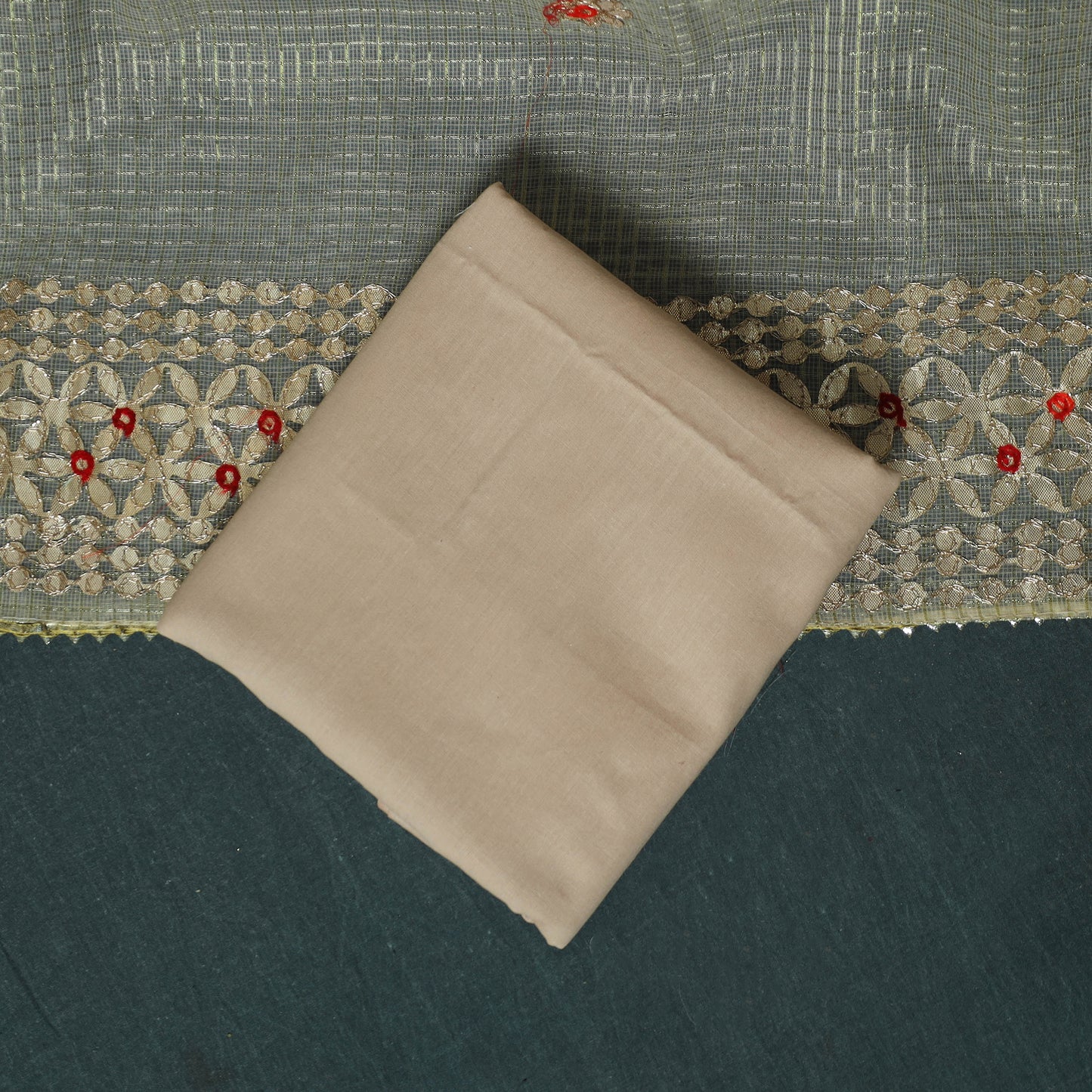 Beige - 3pc Gota Patti Work Kota Doria Cotton Unstitched Dress Material Suit Set 05