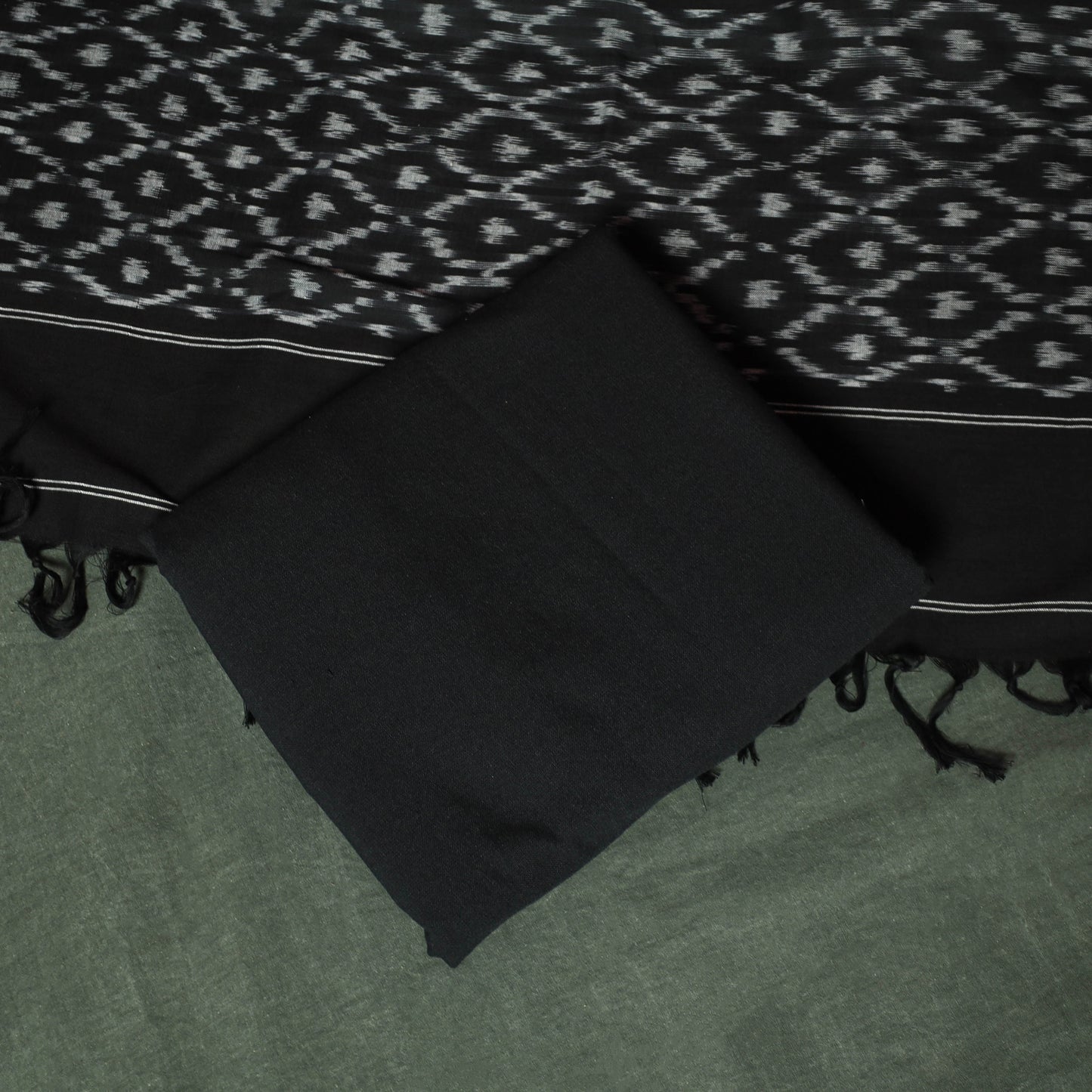 Black - Pochampally Ikat Cotton 3pc Unstitched Dress Material Suit Set 04