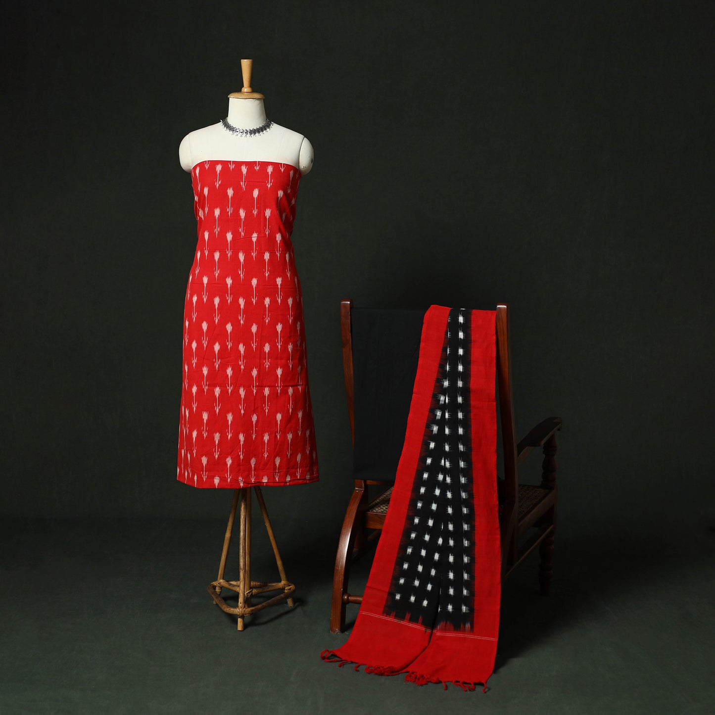 Red - Pochampally Ikat Cotton 3pc Unstitched Dress Material Suit Set 06