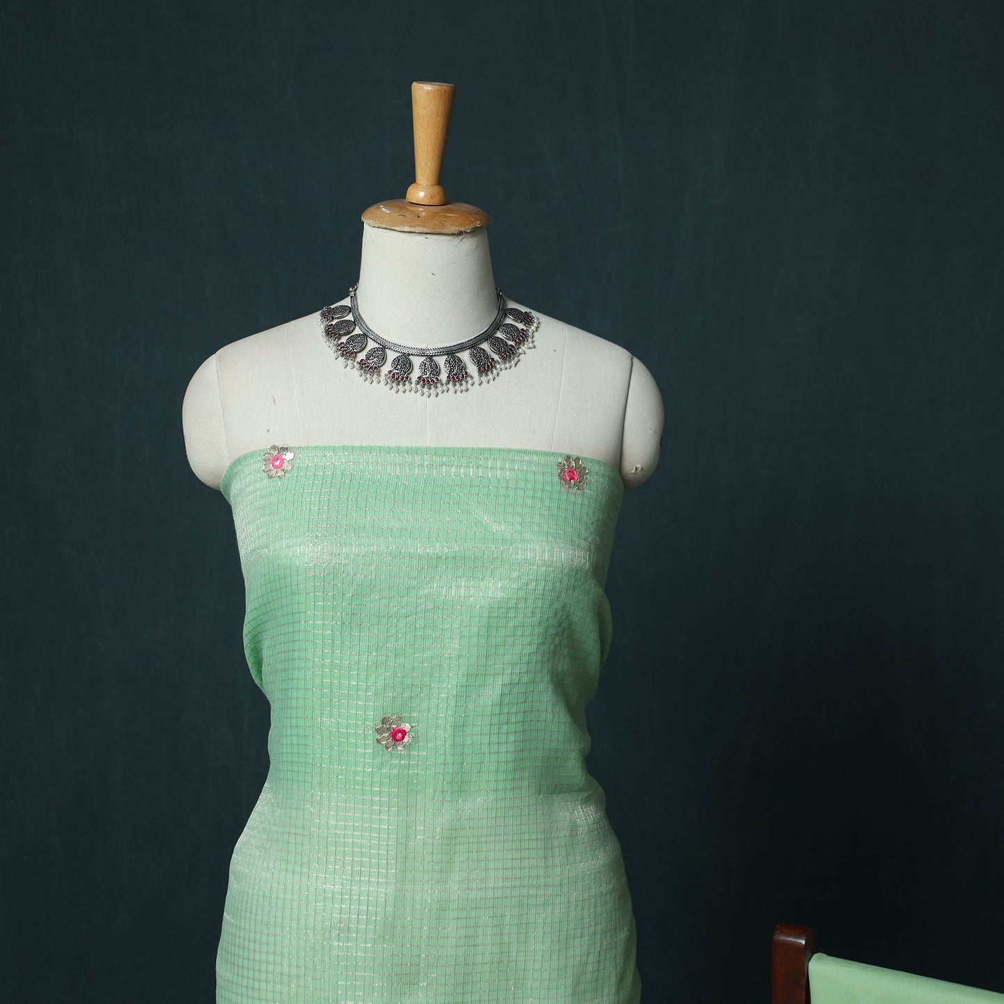 Green - 3pc Gota Patti Work Kota Doria Cotton Unstitched Dress Material Suit Set 08