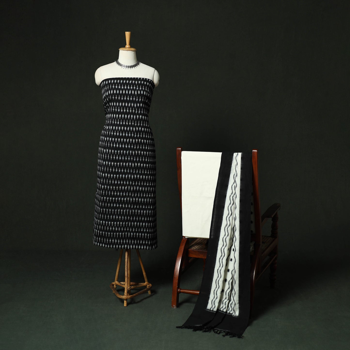 Black - Pochampally Ikat Cotton 3pc Unstitched Dress Material Suit Set 12